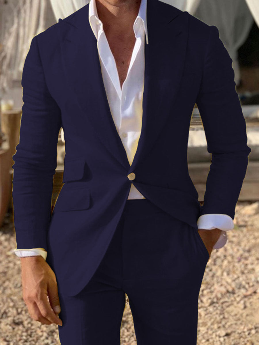 Dark Navy Modest Peak Lapel Slim Fit Men's Suits 2 Pieces Solid Color