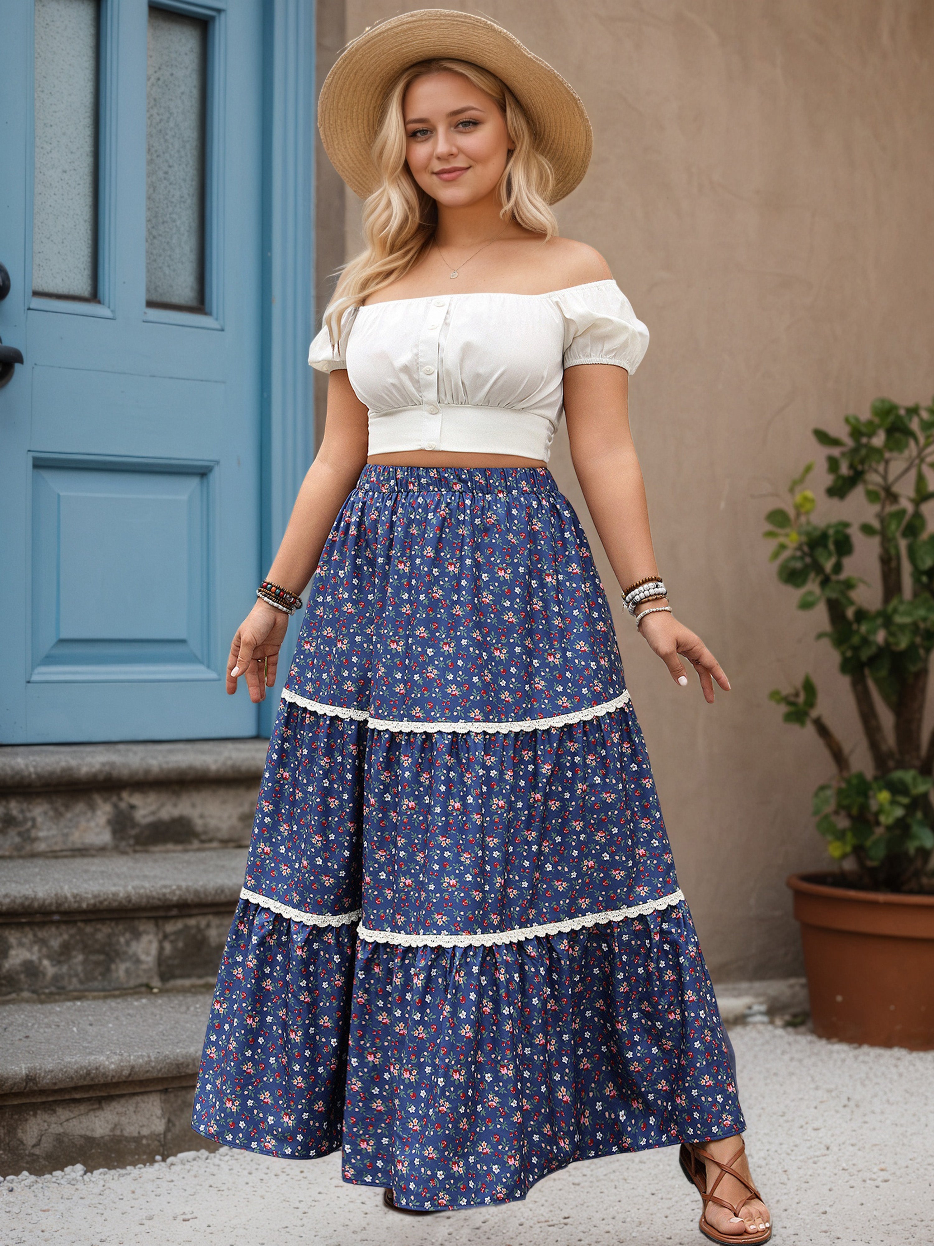 A-Line Dark Navy Floral Printed Long Plus Size Skirt