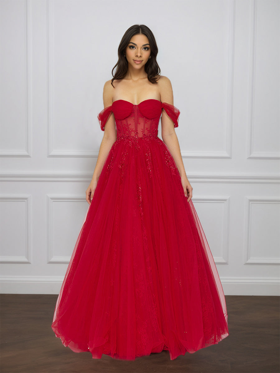 Cicinia Red Prom Dresses Tulle A-Line Off The Shoulder Floor Length Evening Gown