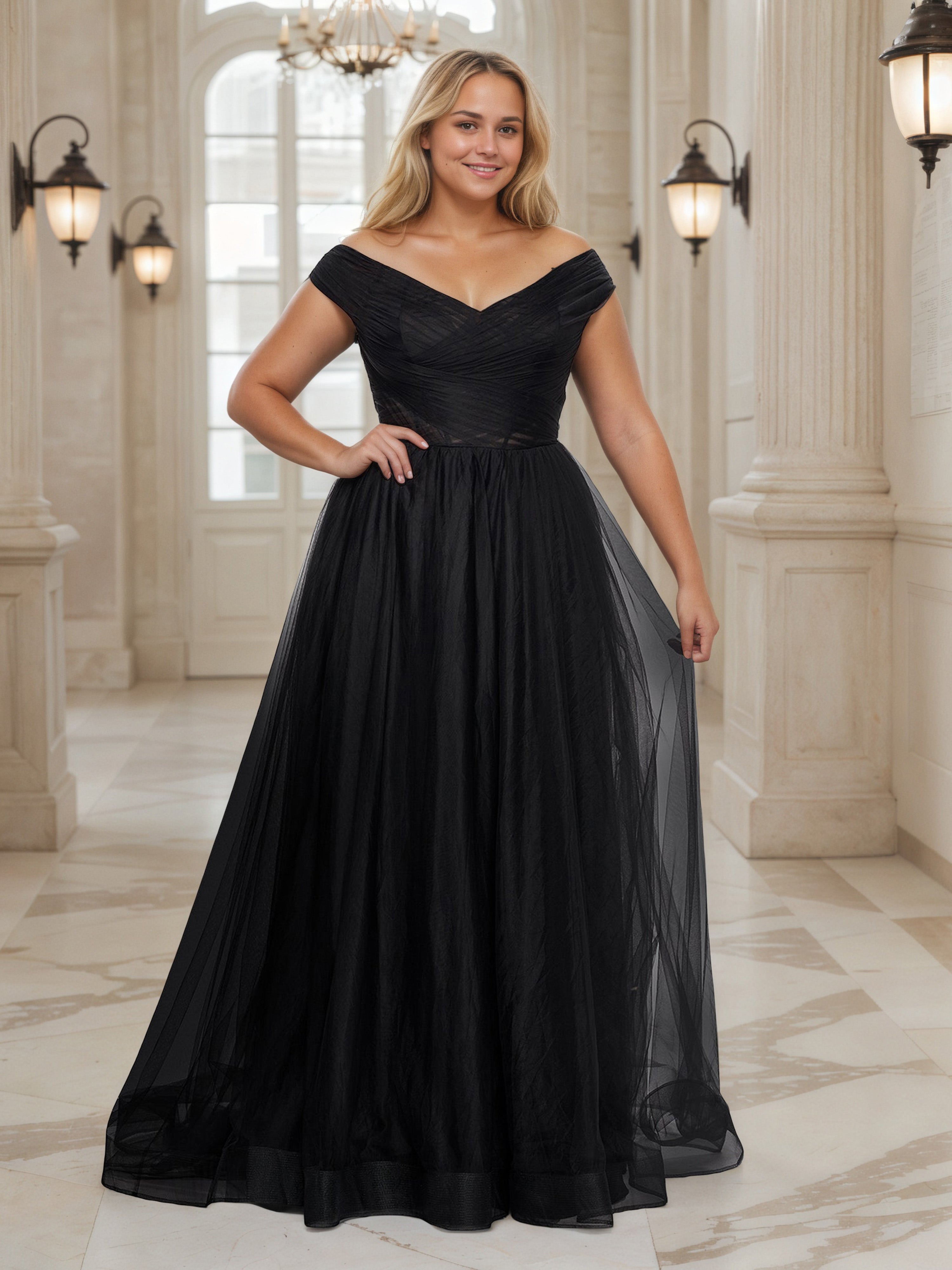 Off The Shoulder Prom Dress Pleats A-Line Black Plus Size Dress