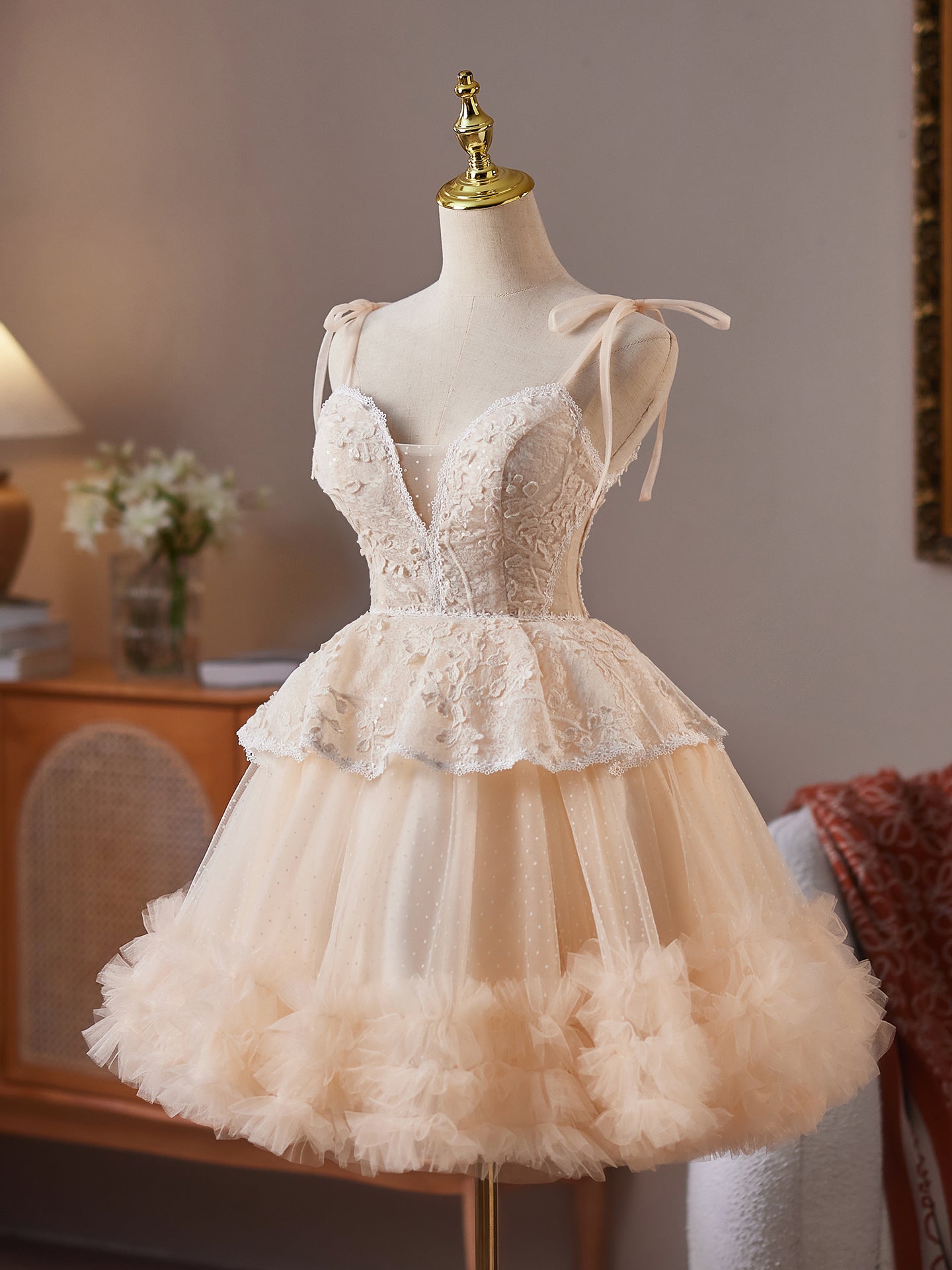 Charming Spaghetti Straps  A Line Champagne V Neck Homecoming Dress