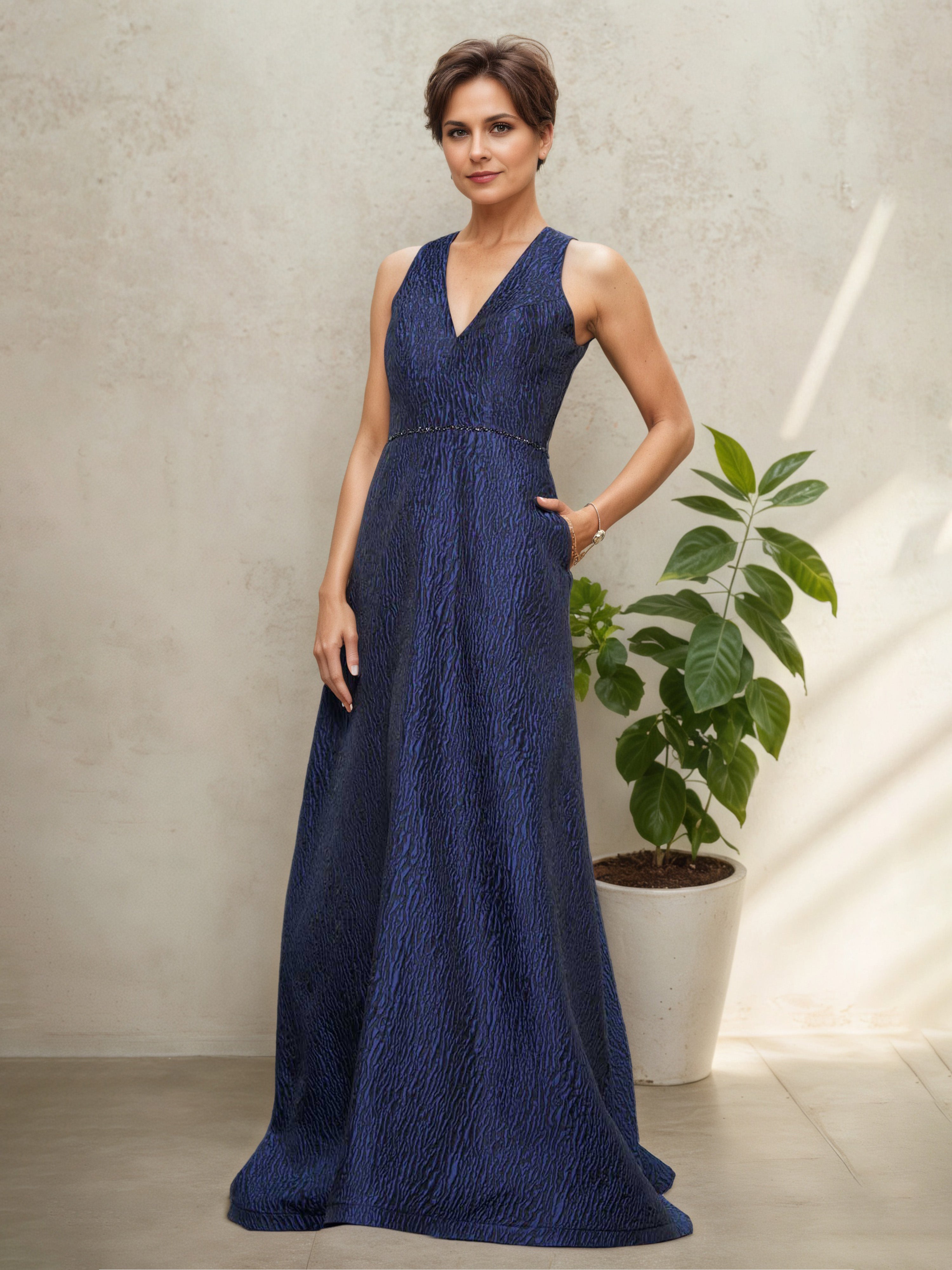 Sleeves V-Neck Dark Navy with Shawl Mother Of The Bride Dress