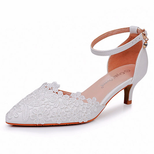 White Lace Embellished Stiletto Pointed Toe Sandals