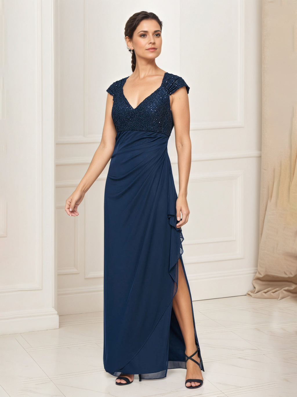 Cap Sleeve Empire Waist Dark Navy Dress Mother Of The Bride Dress With