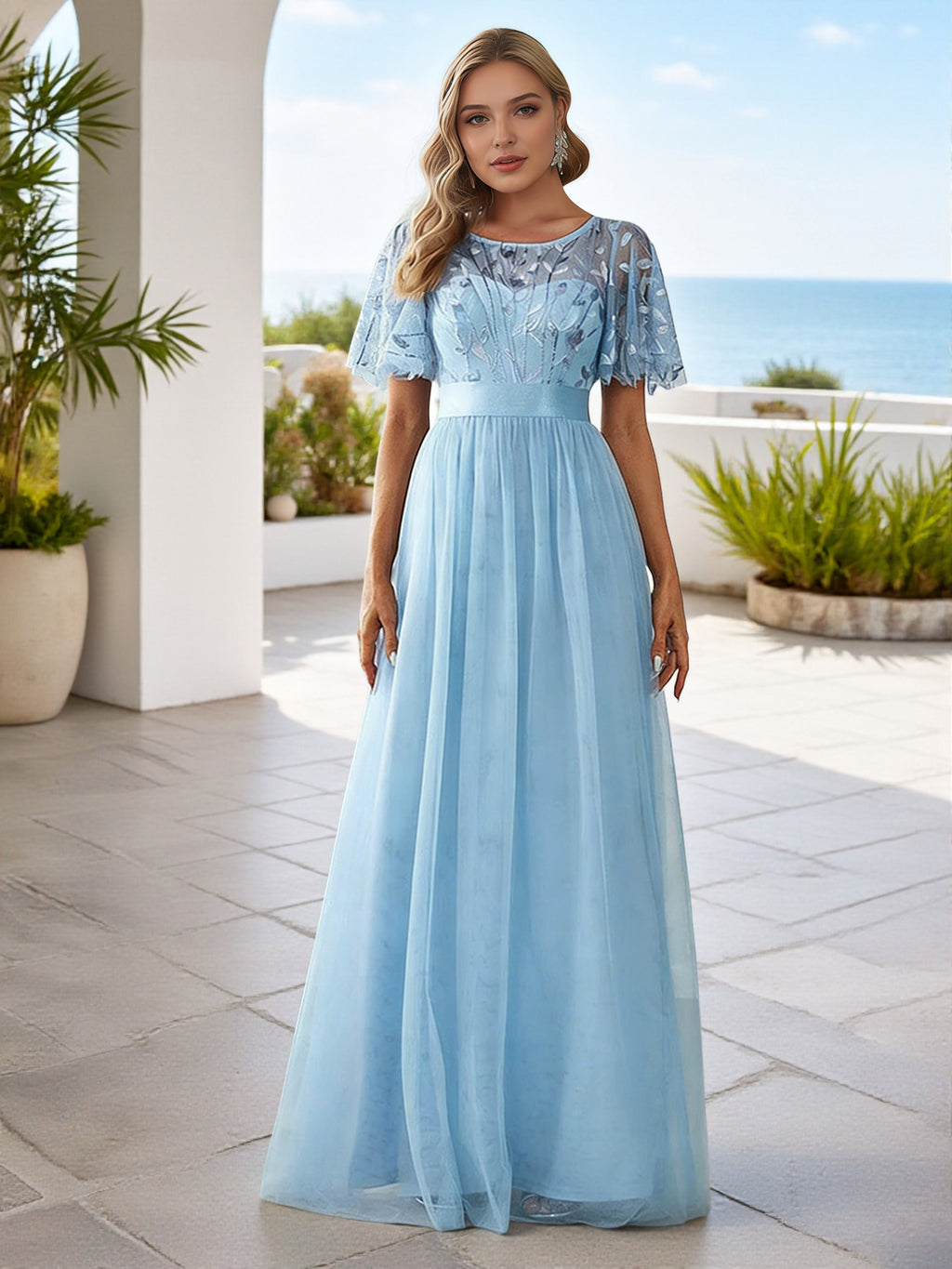 Cicinia Sky Blue Bridesmaid Dresses Tulle Lace Half Sleeves A-Line Lon