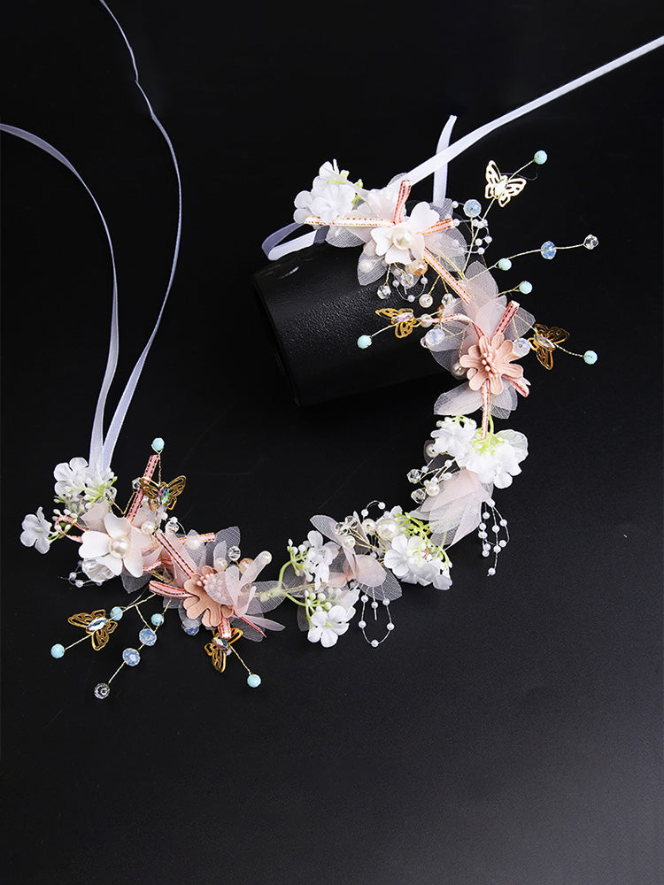 Crystal Pearl Floral Wedding Headband With Tulle