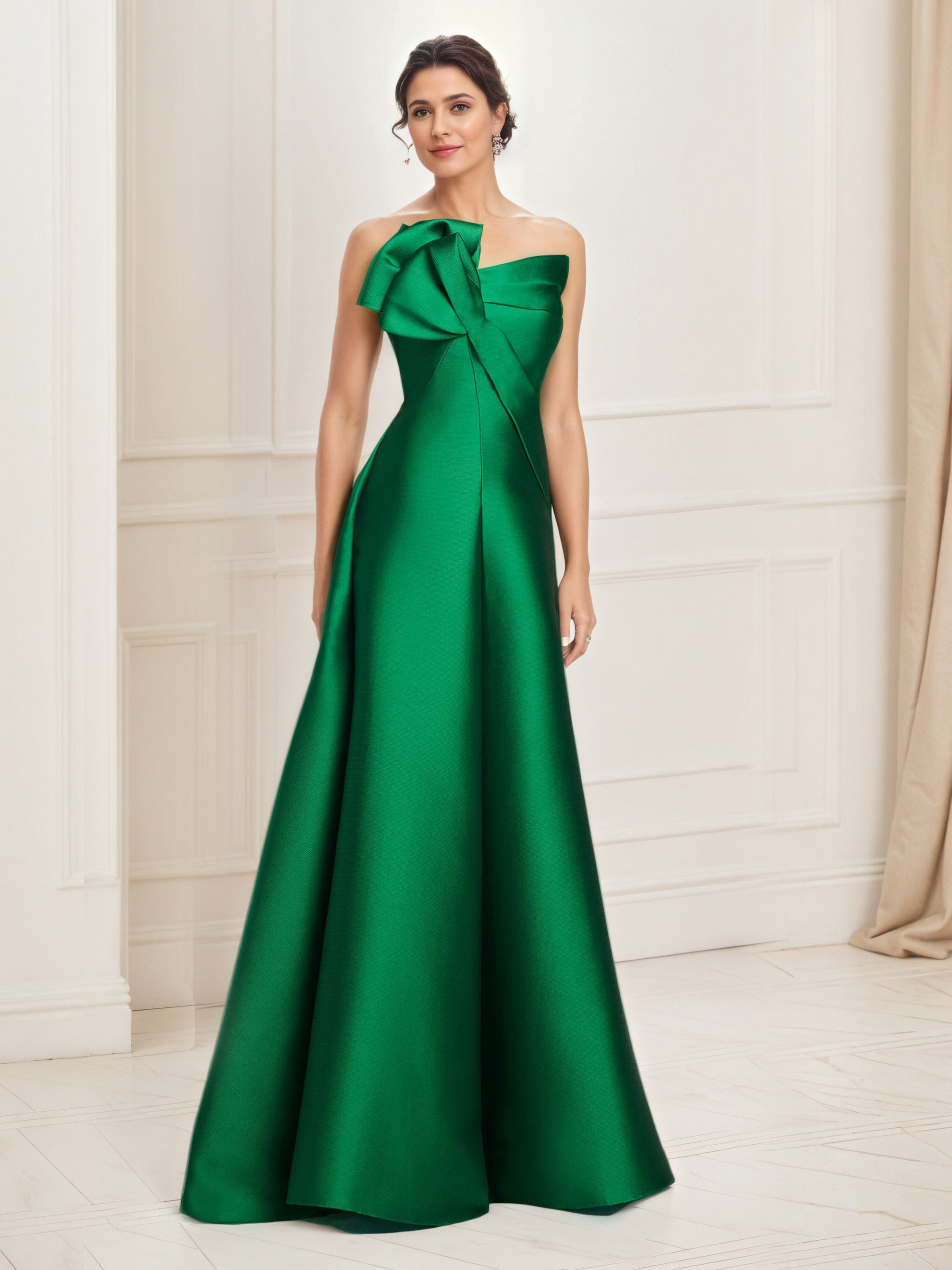 Satin Dark Green Prom Dress Floor Length A-Line Prom Dress with Strapless Ruffled Accent