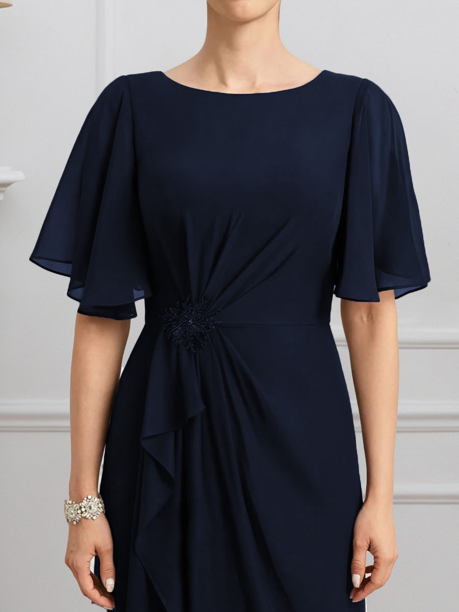Cicinia Dark Navy Mother Of The Bride Dresses Chiffon Sheath Jewel Half Sleeves Floor Length