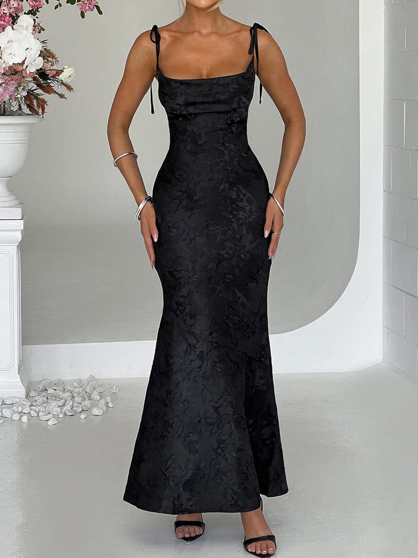 Square Neckline Spaghetti Straps Black Printed Sheath Wedding Guest Dress
