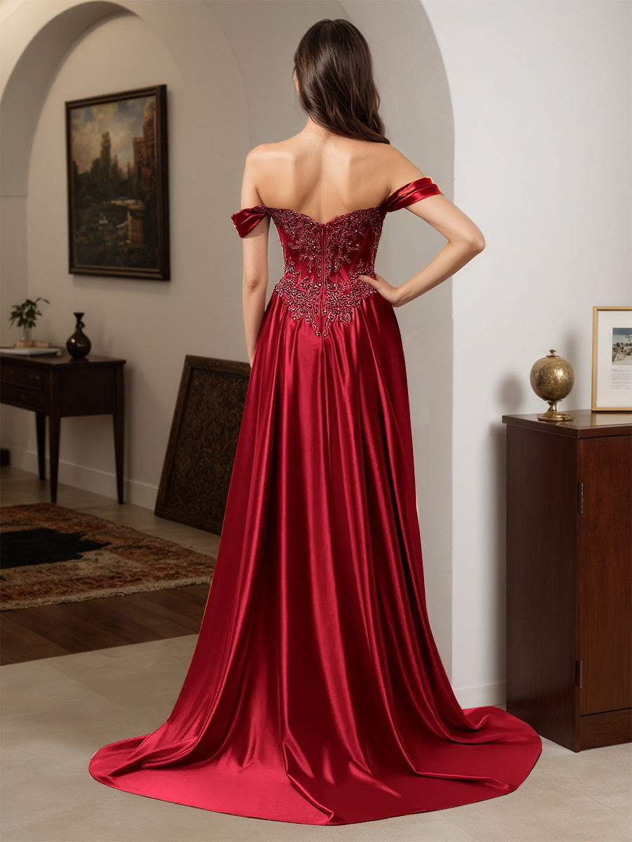 Cicinia Burgundy Prom Dresses Appliques Lace Off The Shoulder Sheath Dress wiith Sweep Train