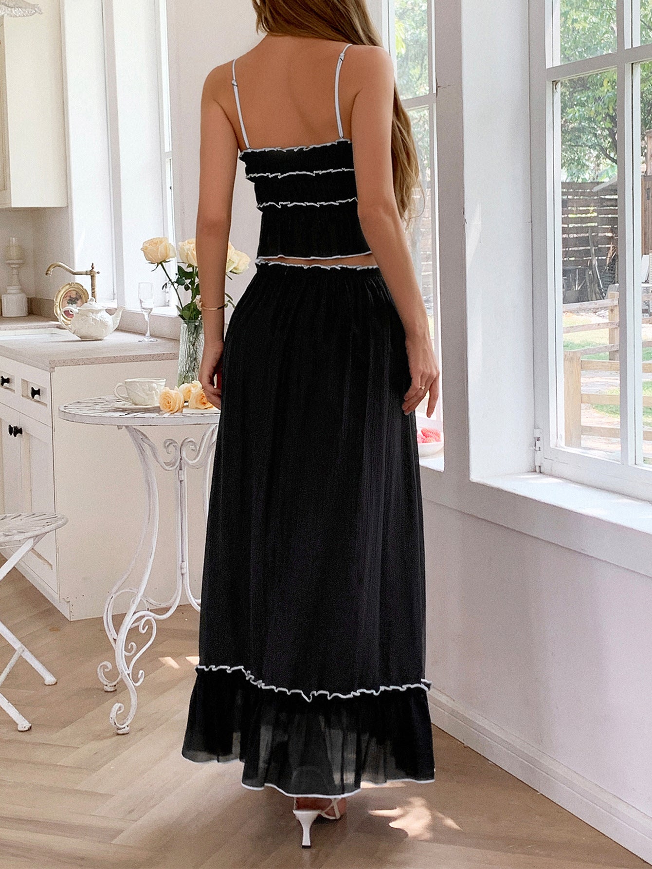 Boho Halter Sleeveless Black Wedding Guest Dress with Split