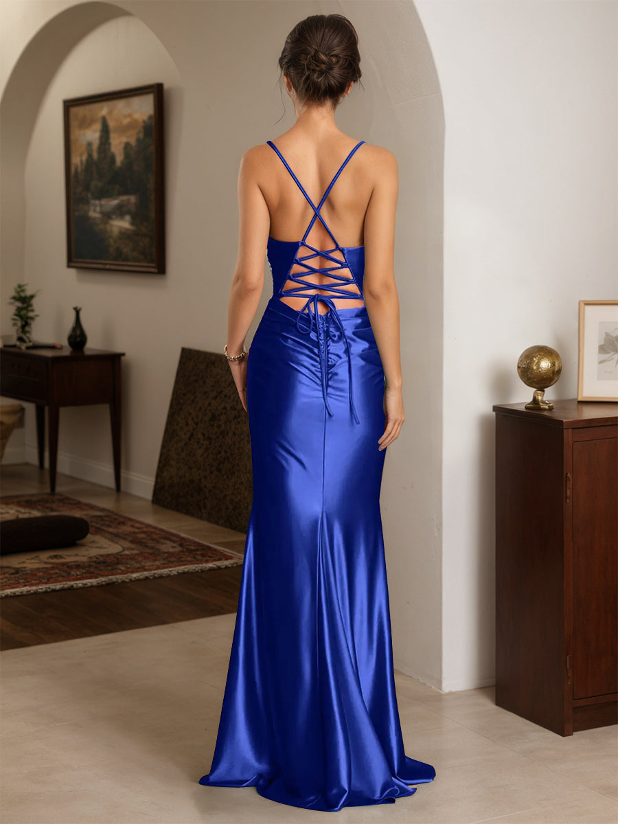 Cicinia Royal Blue Prom Dresses Stretch Satin Sheath Spaghetti Straps Chic Long Evening Gown