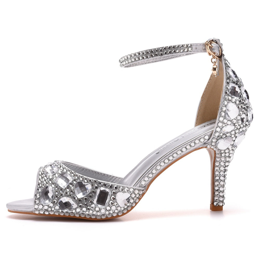 Peep Toe Rhinestone Decor Ankle-Strap High Heels