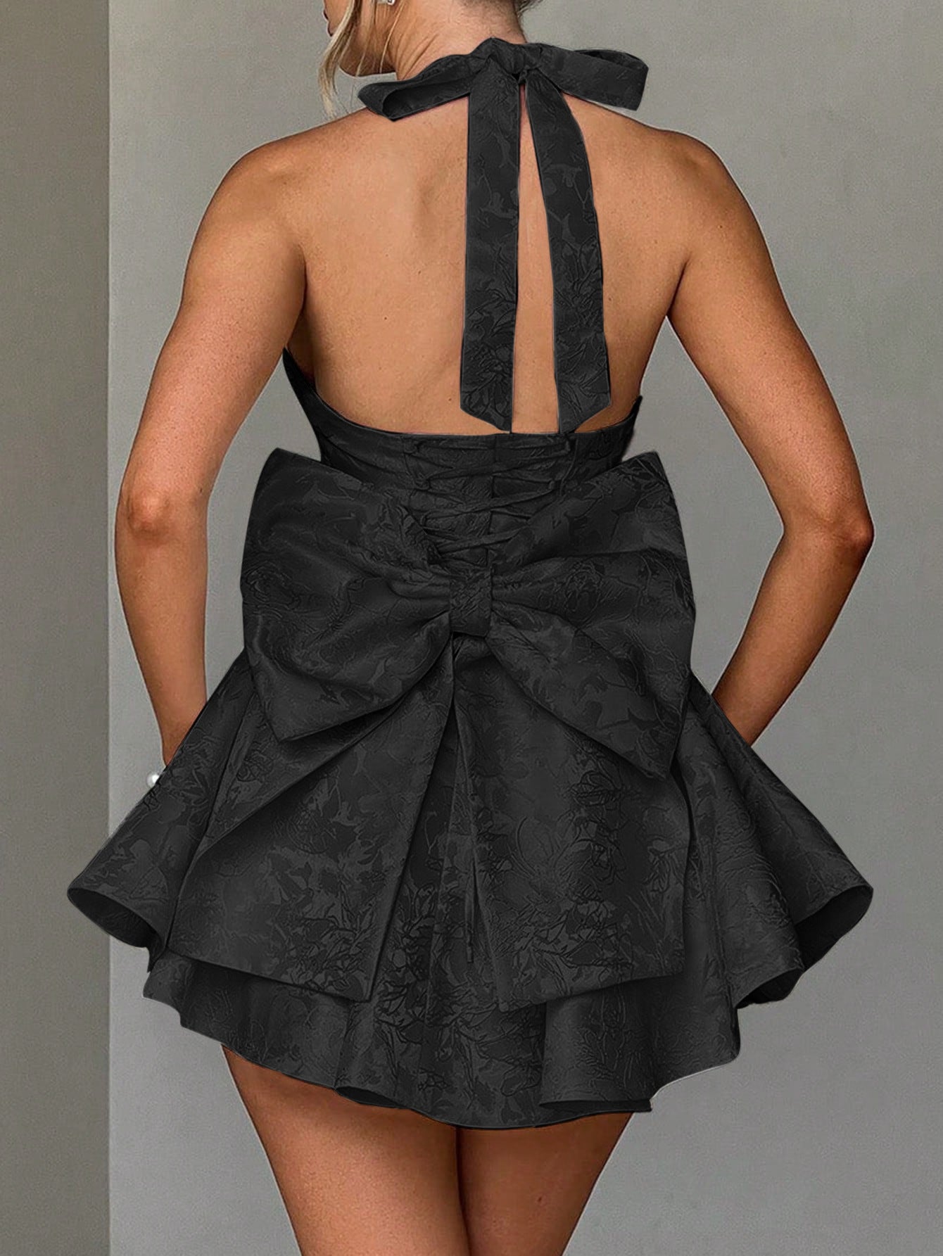Halter Sleeveless U-Neck Black Printed Mini Wedding Guest Dress with Bowknot