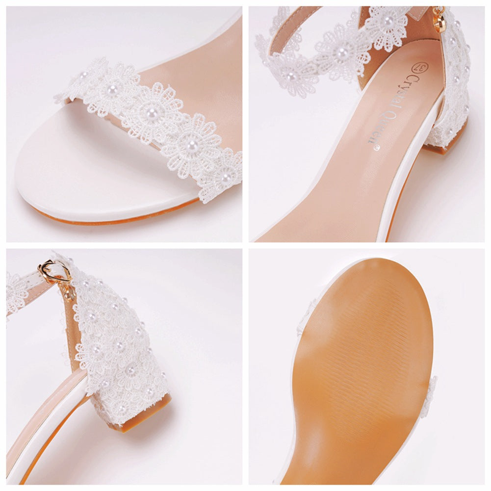 Open Toe Lace Pearl Ankle Strap Chunky Heel