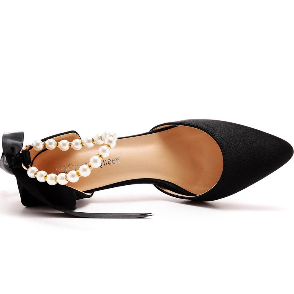 Pointed Toe Satin Pearl Ribbon Tie Ankle Strap High Heels