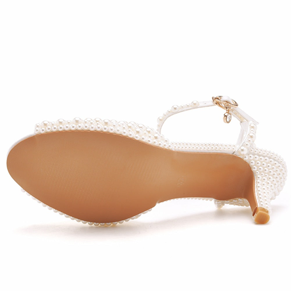 Satin Faux Pearl Peep Toe One-Strap High Heel Sandals