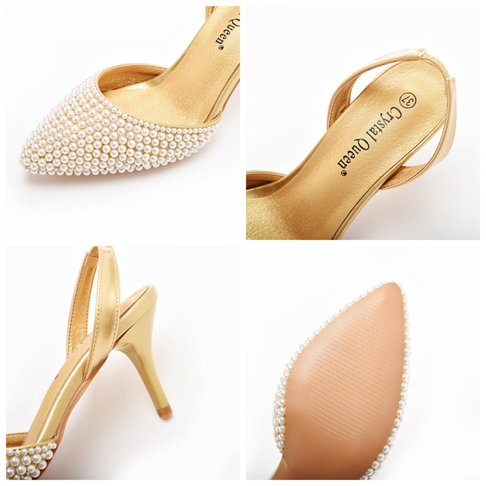 Pointed Toe Pearl Slingback High Heels