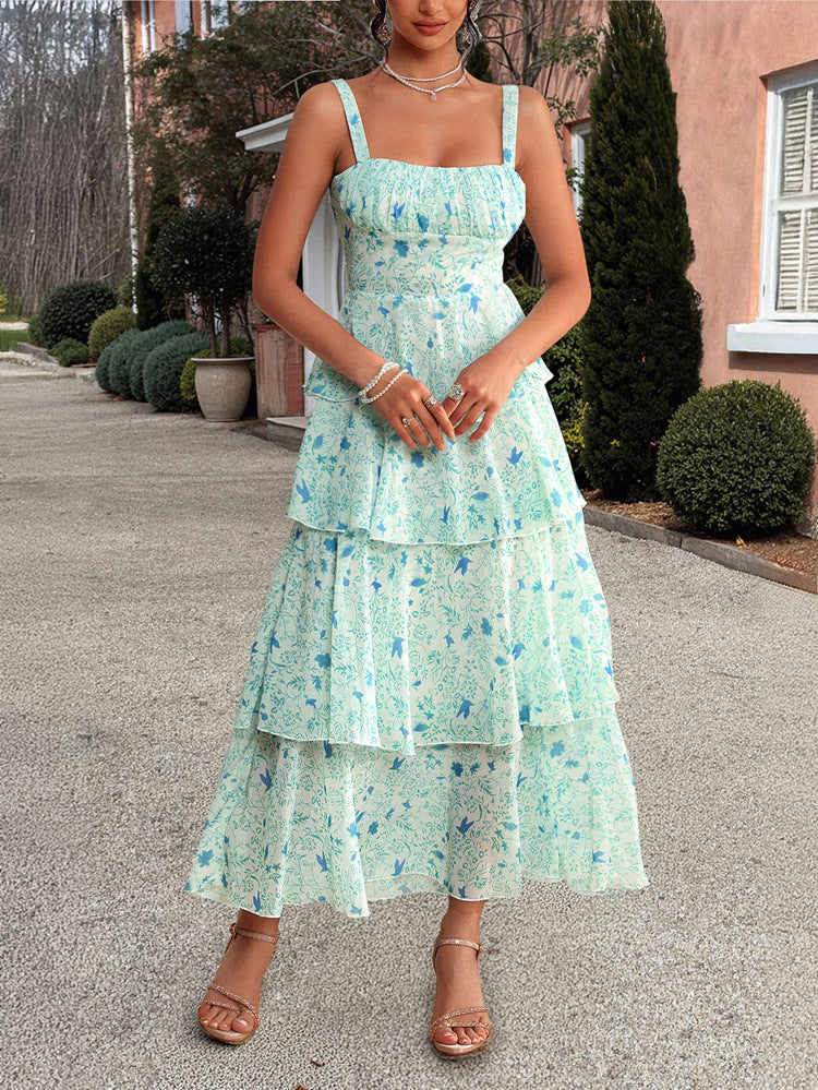Straps Square Neckline Sleeveless Mint Green Layers Wedding Guest Dress