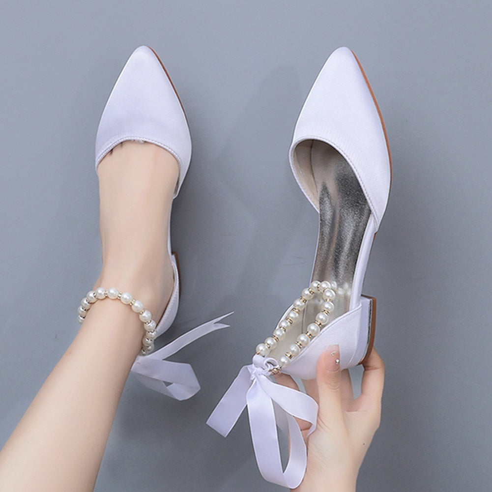 Elegant Pearl Ribbon Tie Satin Flat Heel Pointed Toe Bridal Shoes