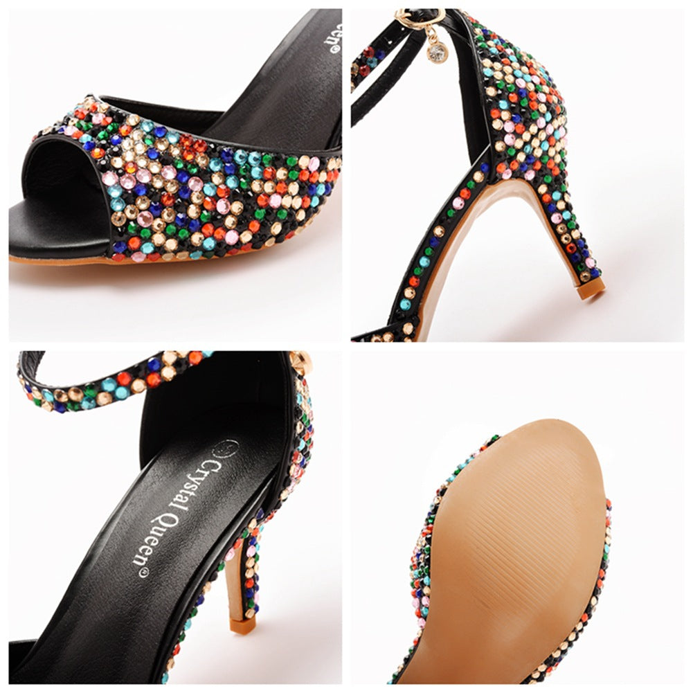 Rhinestone Shallow Peep Toe Ankle Strap High Heel Sandals