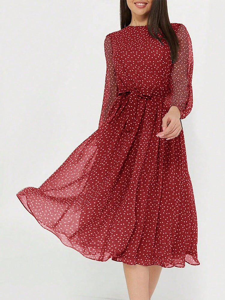 Jewel Long Sleeves Tea Length Burgundy Wedding Guest Dress