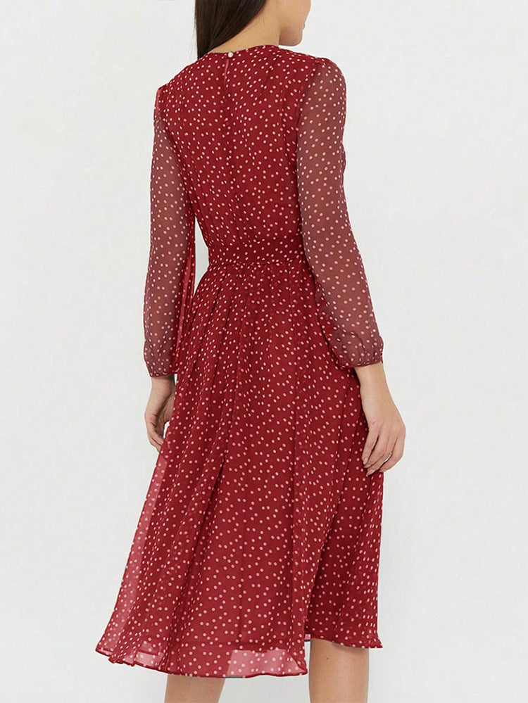 Jewel Long Sleeves Tea Length Burgundy Wedding Guest Dress