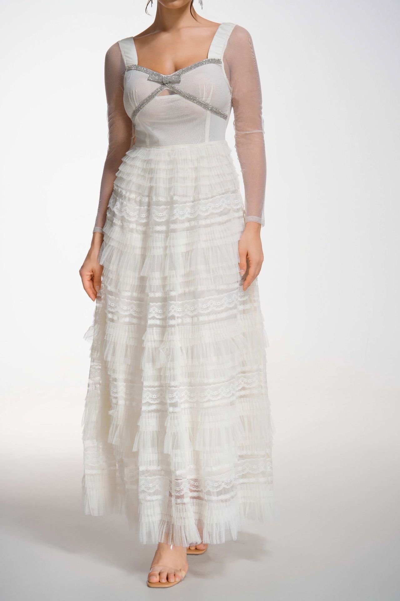 Elegant Square Neck A Line Sleeves Apricot See Through Long Prom Dress