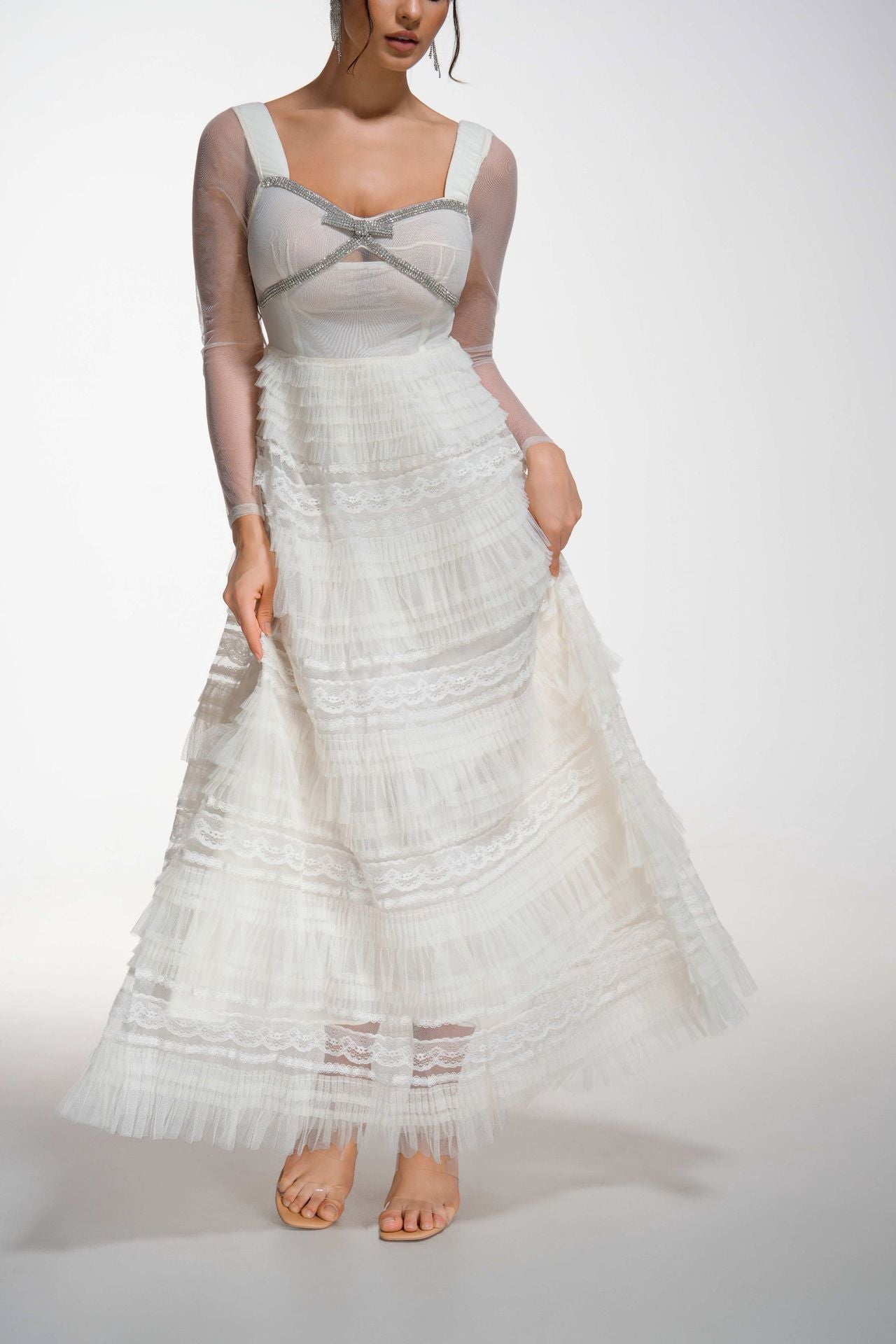 Elegant Square Neck A Line Sleeves Apricot See Through Long Prom Dress