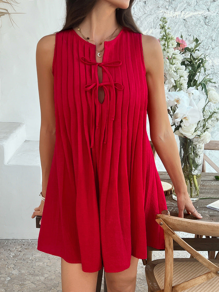 Solid Color Notched Sleeveless Pleats Red A-Line Wedding Guest Dress
