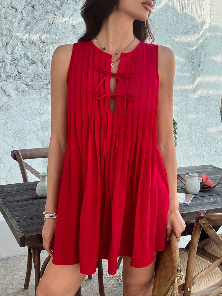 Solid Color Notched Sleeveless Pleats Red A-Line Wedding Guest Dress