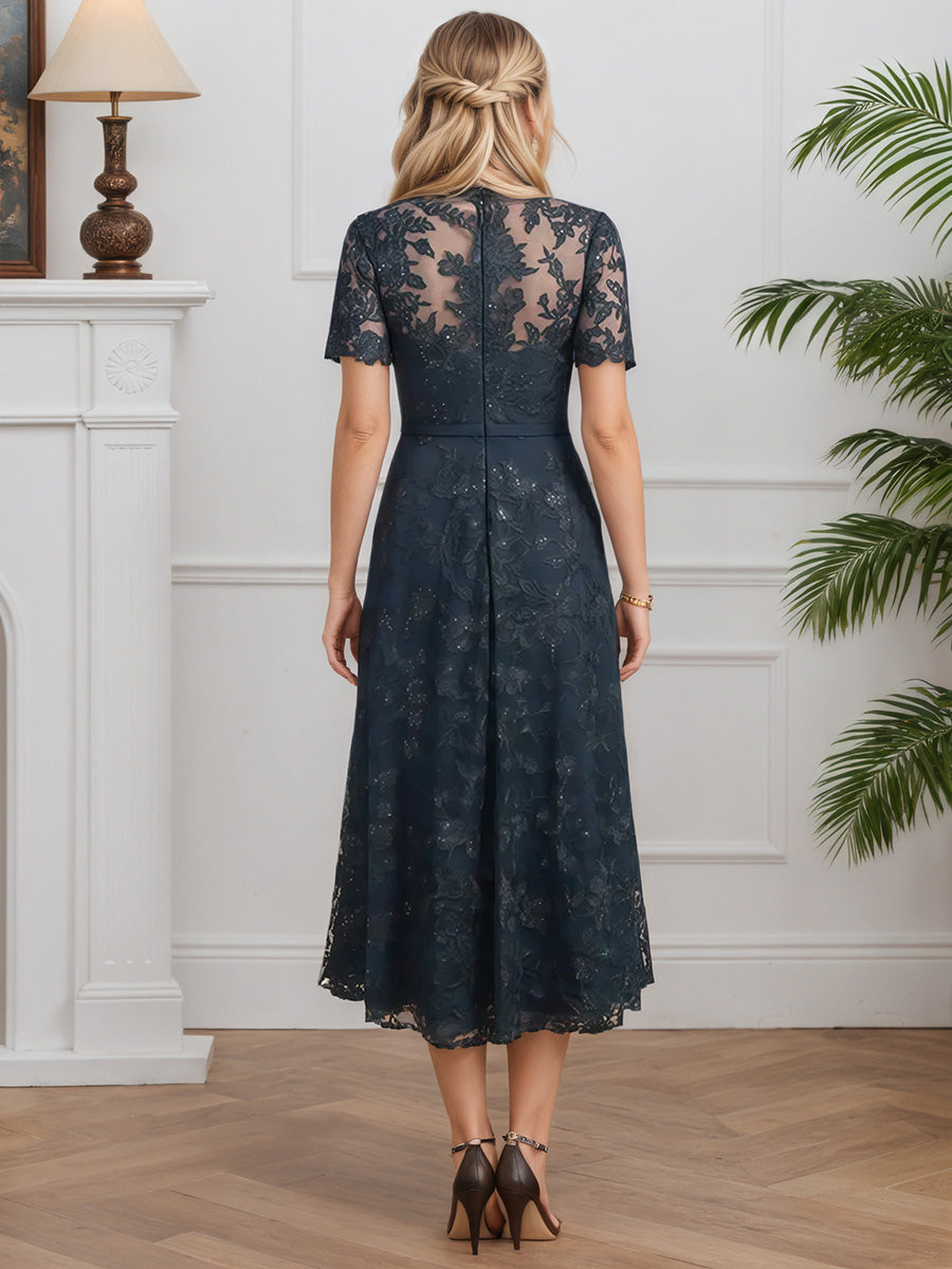 Cicinia Dark Navy Mother Of The Bride Dresses Chiffon Lace Short Sleeves Floor Length A-Line