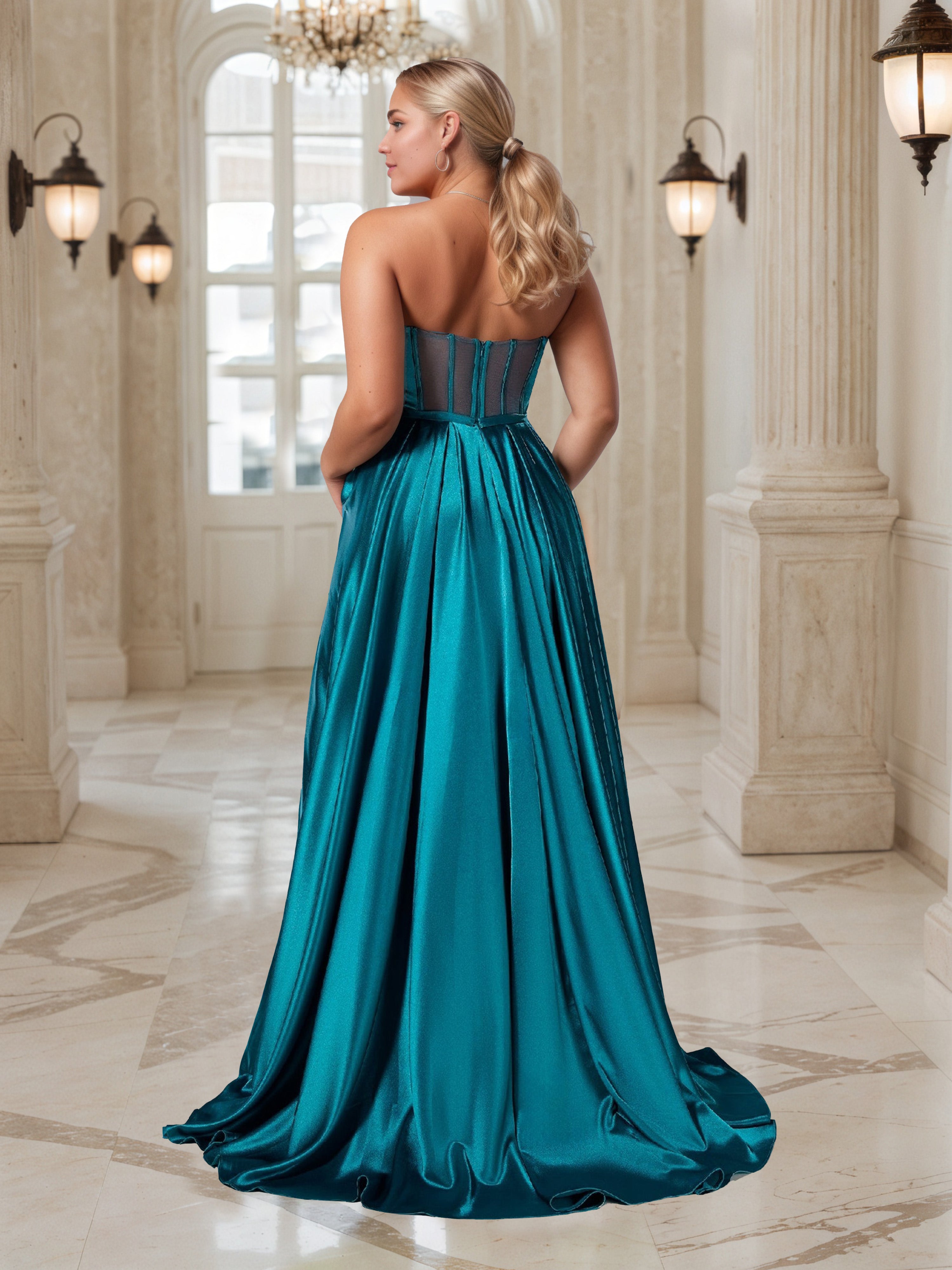 Strapless Satin Jade Prom Dress Sweep/Brush Train Plus Size Dress with Beading