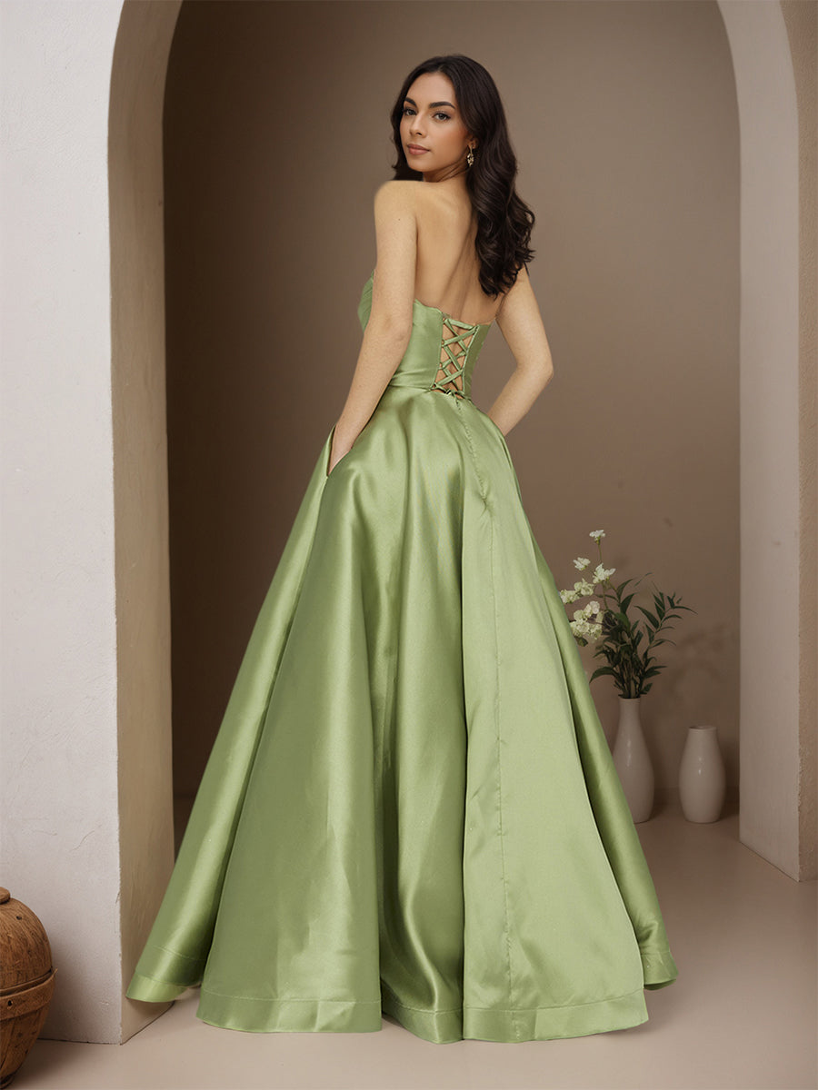 Cicinia Dusty Sage Prom Dresses Satin A-Line Floor Length Strapless Evening Gown