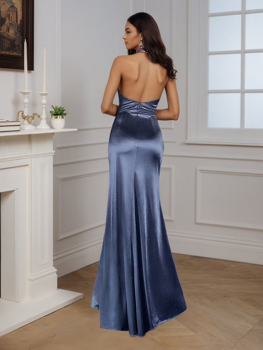 Cicinia Stormy Halter Backless Sleeveless Sheath Prom Dress with Sweep Train