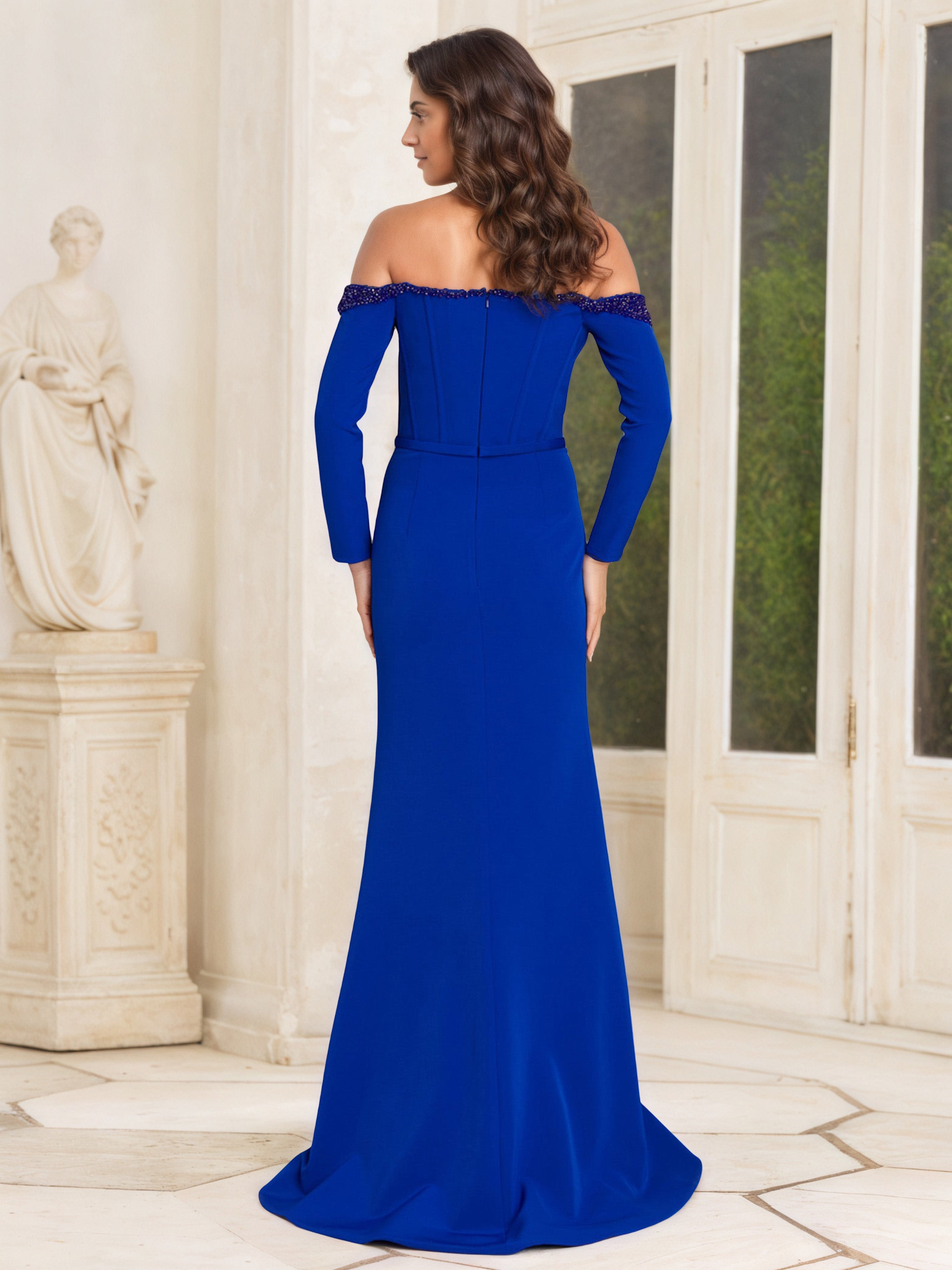 Sheath/Column Off The Shoulder Royal Blue Long Sleeves Mother Of The Bride Dress