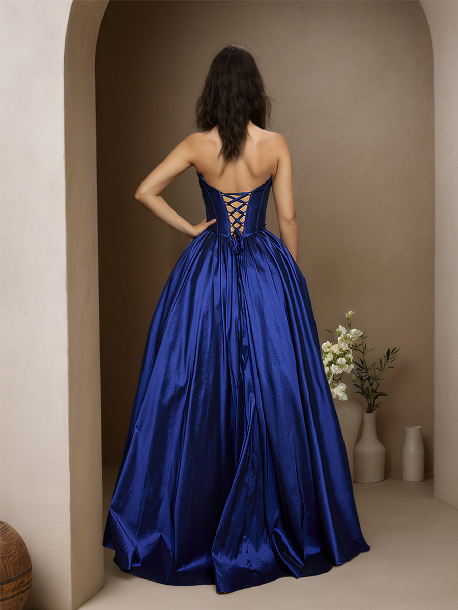 Cicinia Royal Blue Prom Dresses Taffeta with Pockets Strapless A-Line Long Evening Gown