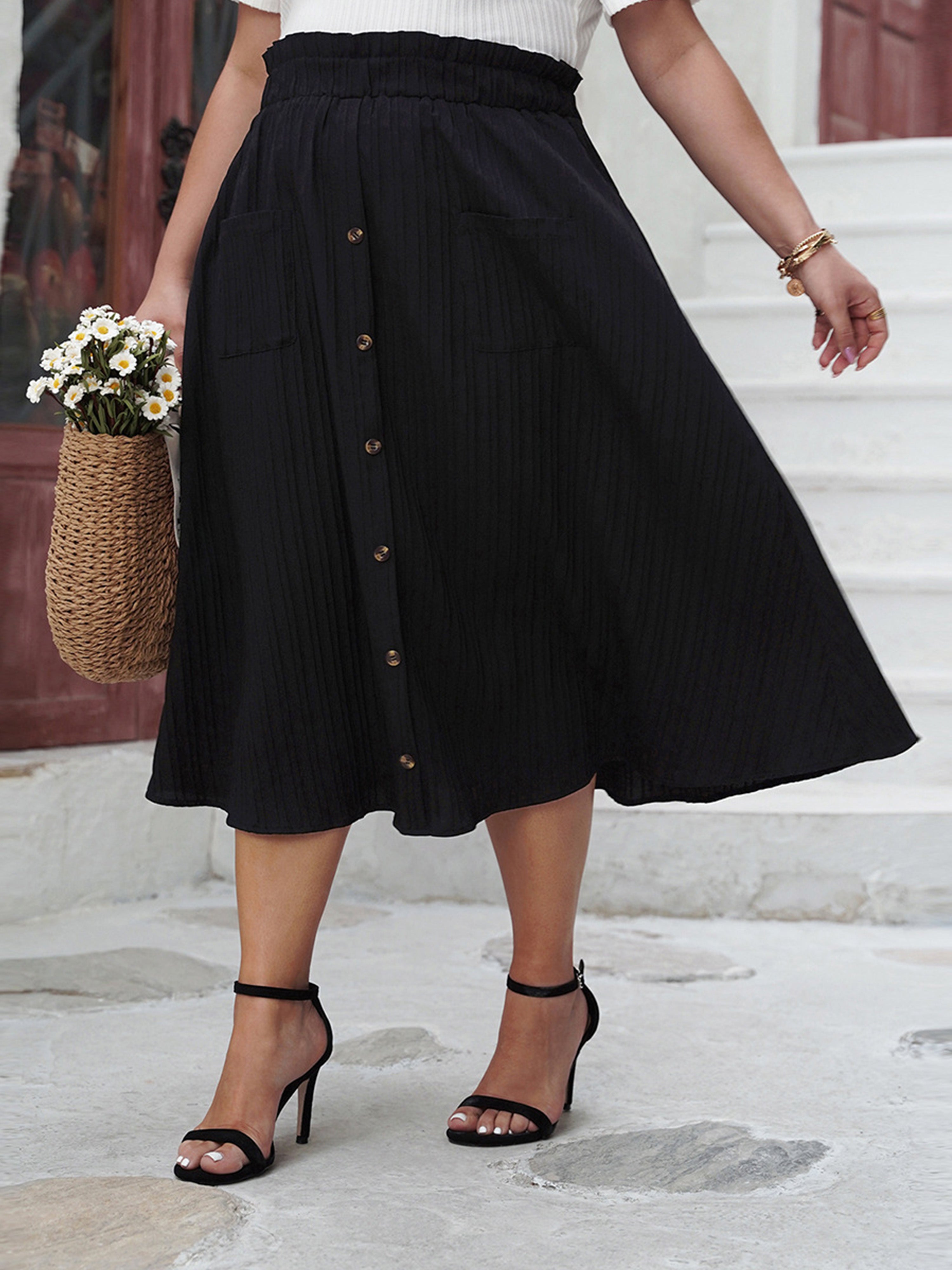 Black Pleats Tea Length Plus Size Skirt
