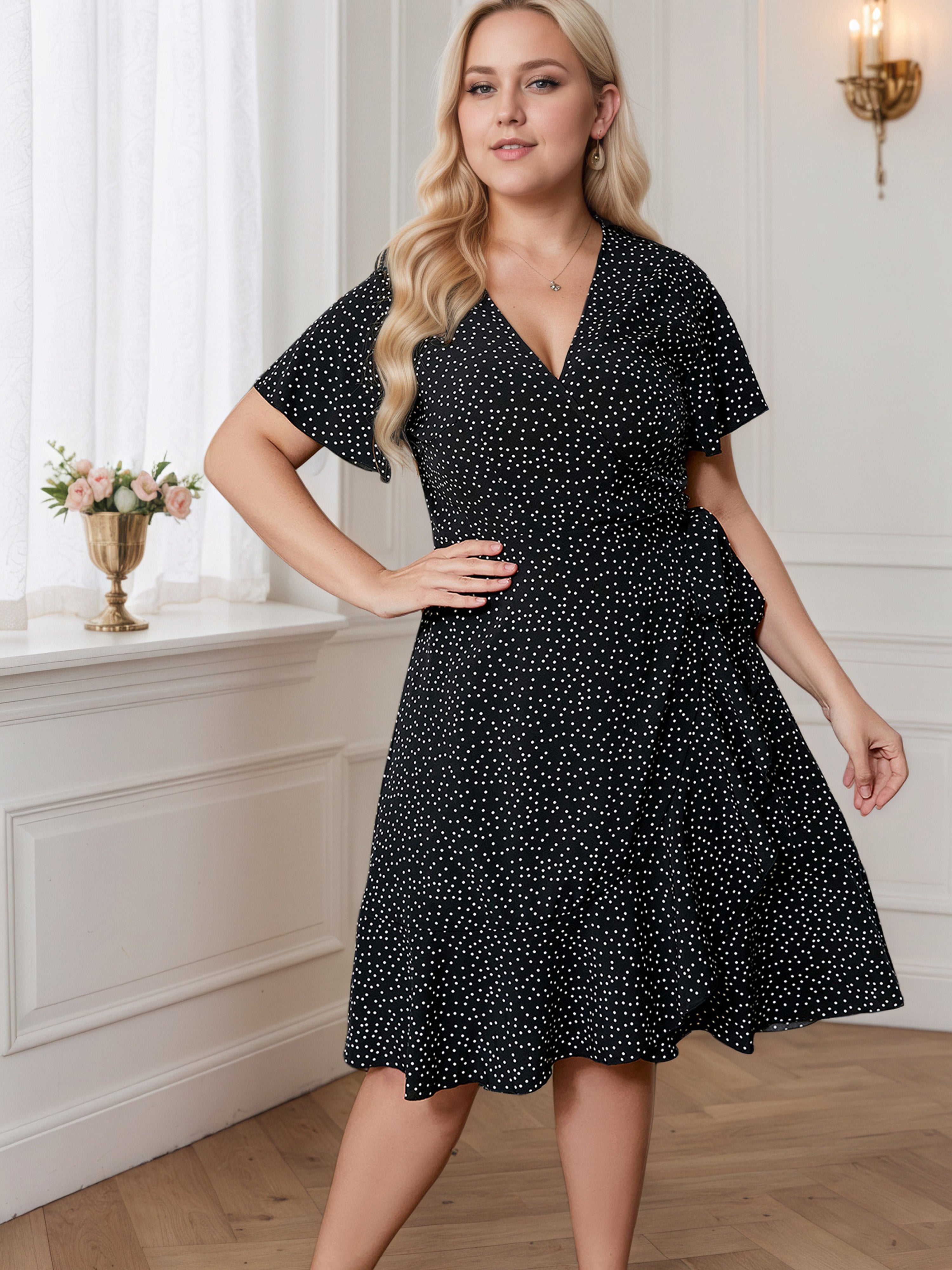 V-Neck Black Short Sleeves Knee Length Plus Size Dress