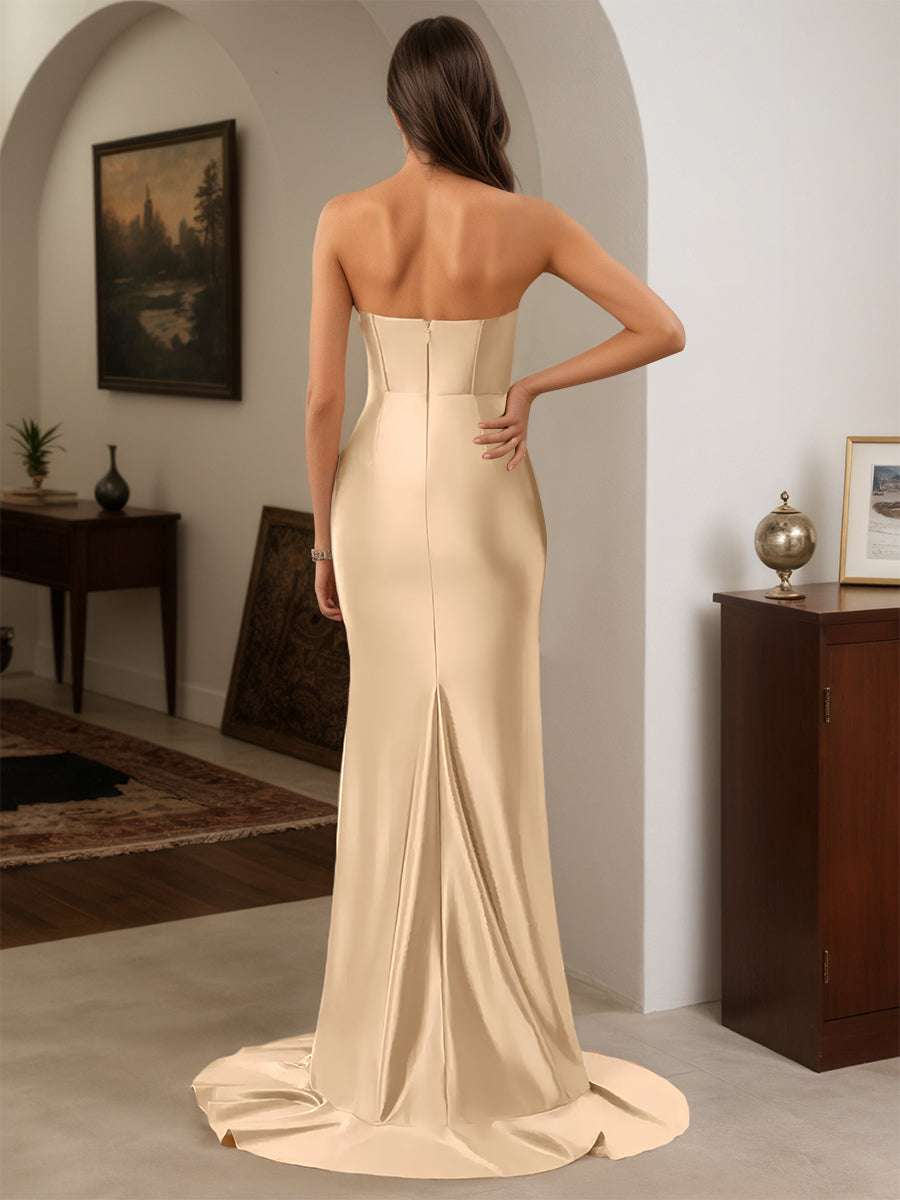 Cicinia Champagne Prom Dresses Sheath Ruffles Side Sweetheart Strapless Dress with Sweep Train