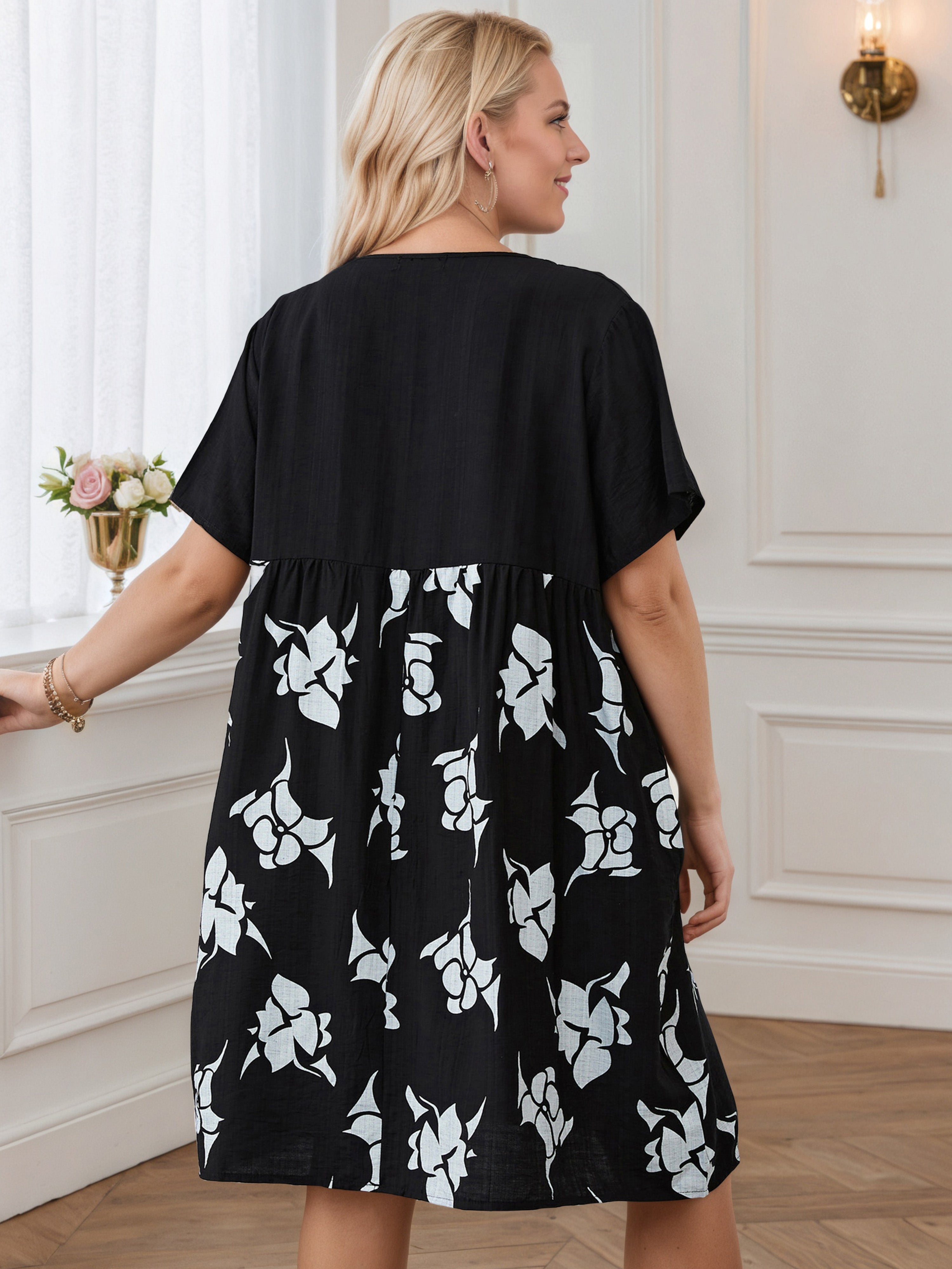 Floral Printed Knee Length Black Plus Dress
