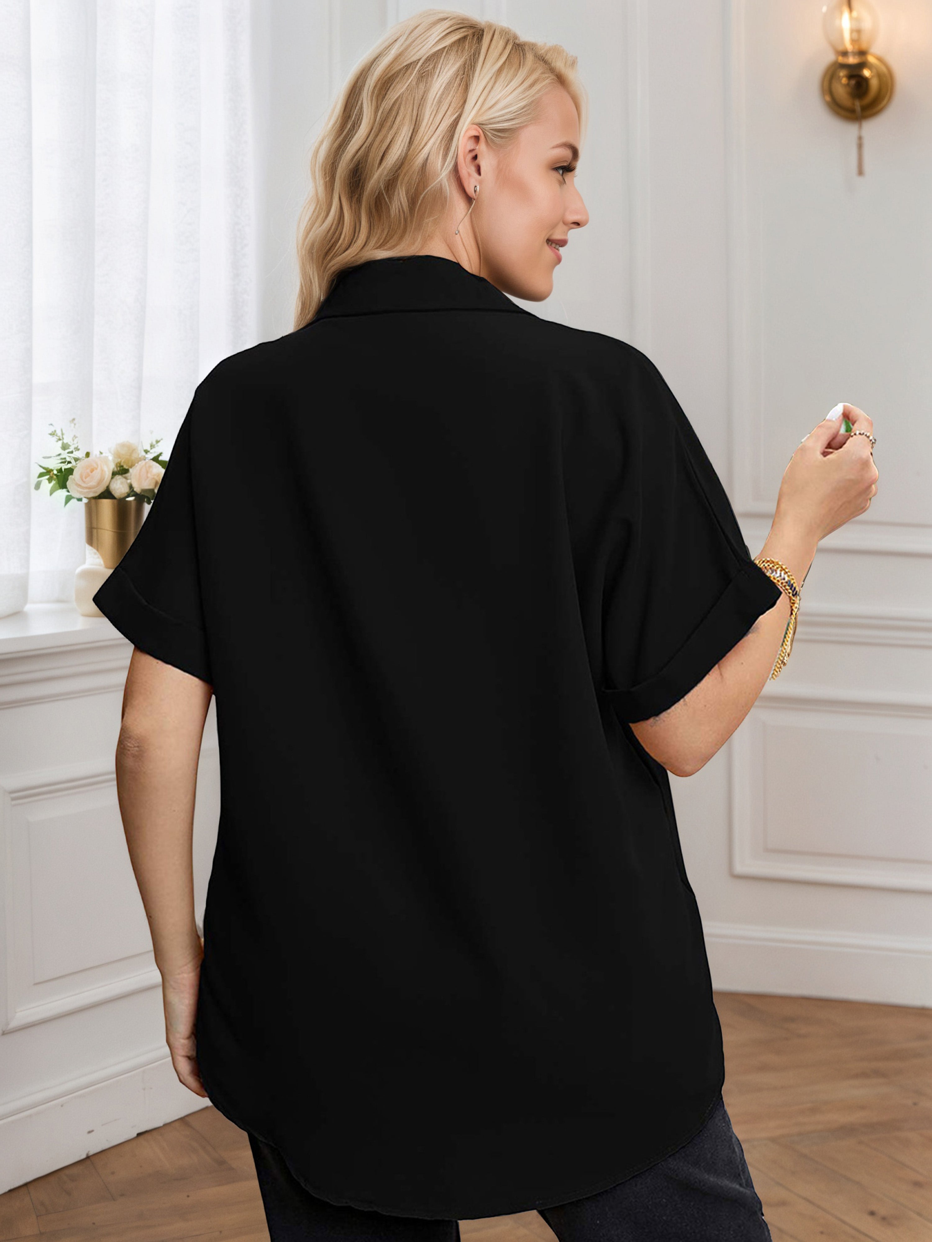 Plus Short Sleeves Black Stand Collar V-Neck Blouse