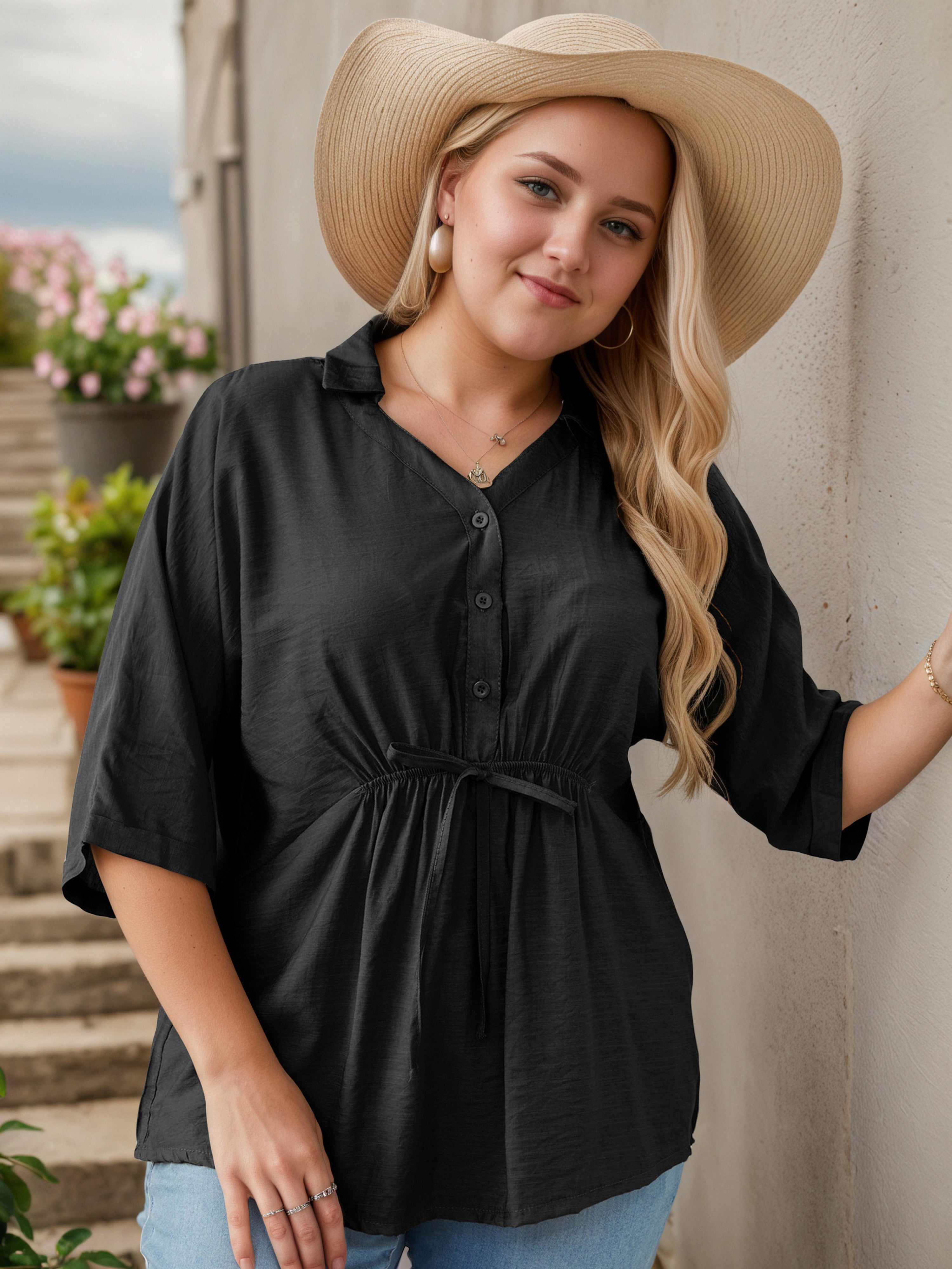 Plus V-Neck Button Half Sleeves Black Blouse