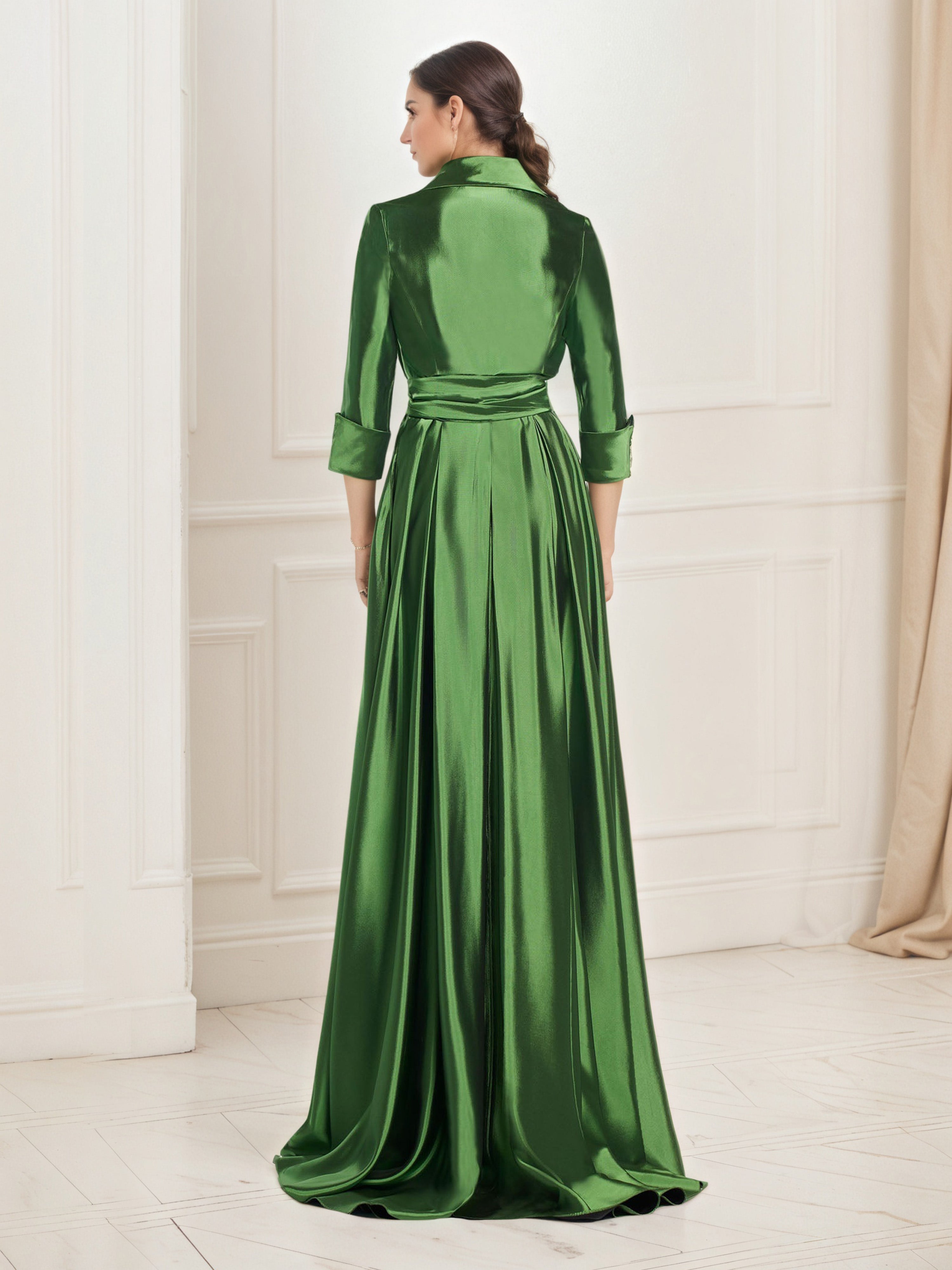 V-Neck Sweep/Brush Train Long A-Line Moss Prom Dress with 3/4 Sleeves