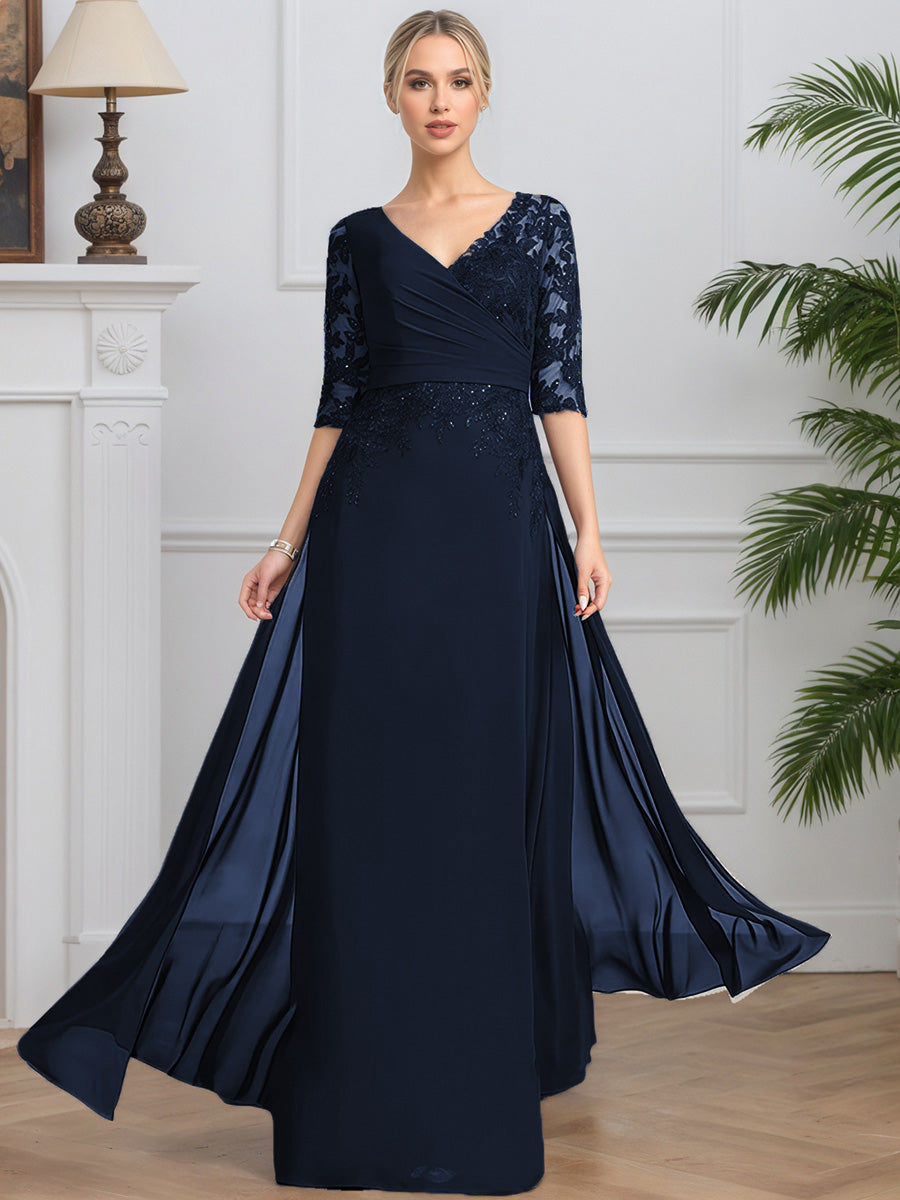 Cicinia Dark Navy Mother Of The Bride Dresses Chiffon Lace V-Neck Half Sleeves Long A-Line