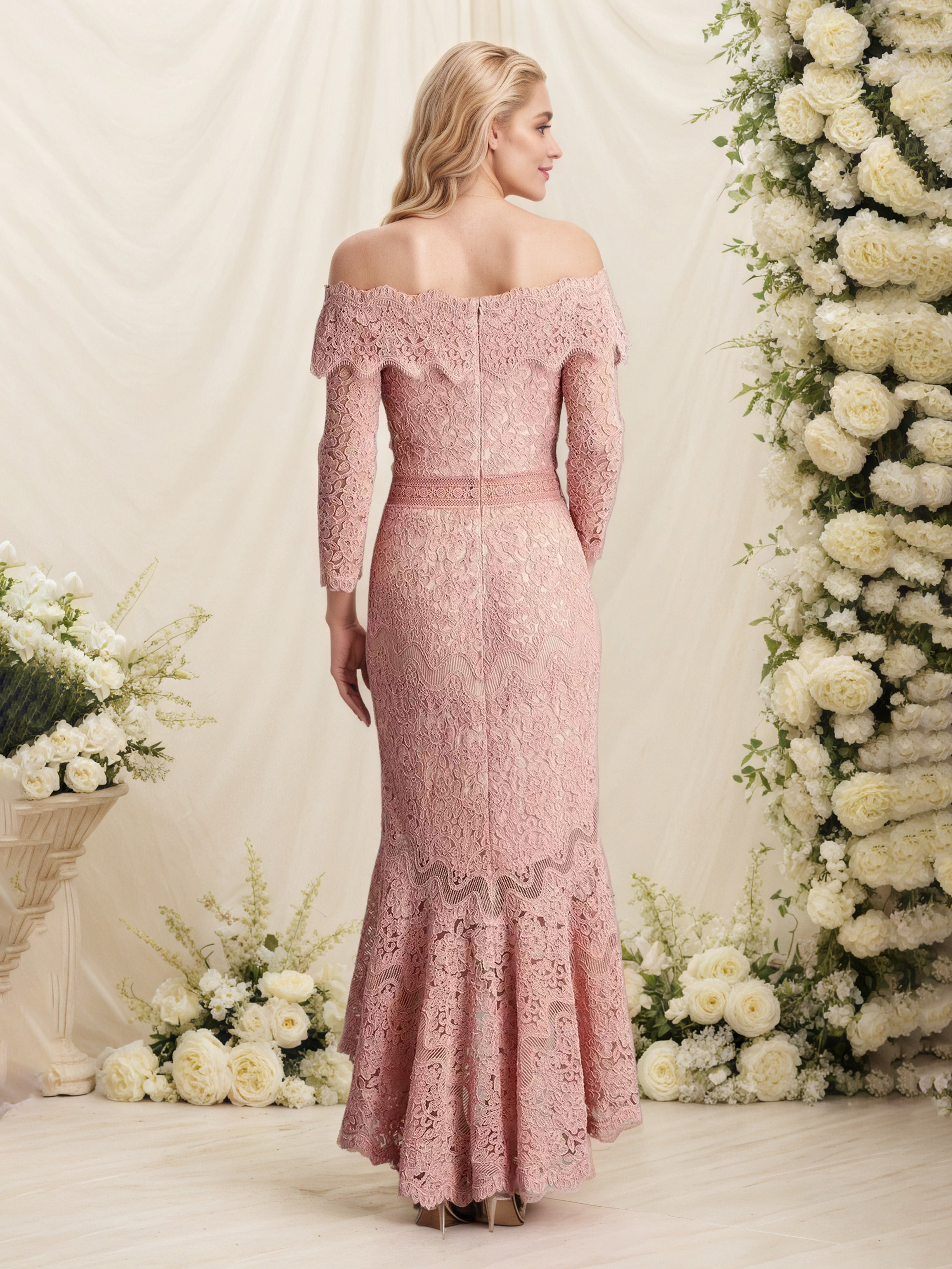 Sheath/Column Sleeves Lace Off The Shoulder Dusty Rose Mother Of The Bride Dresses