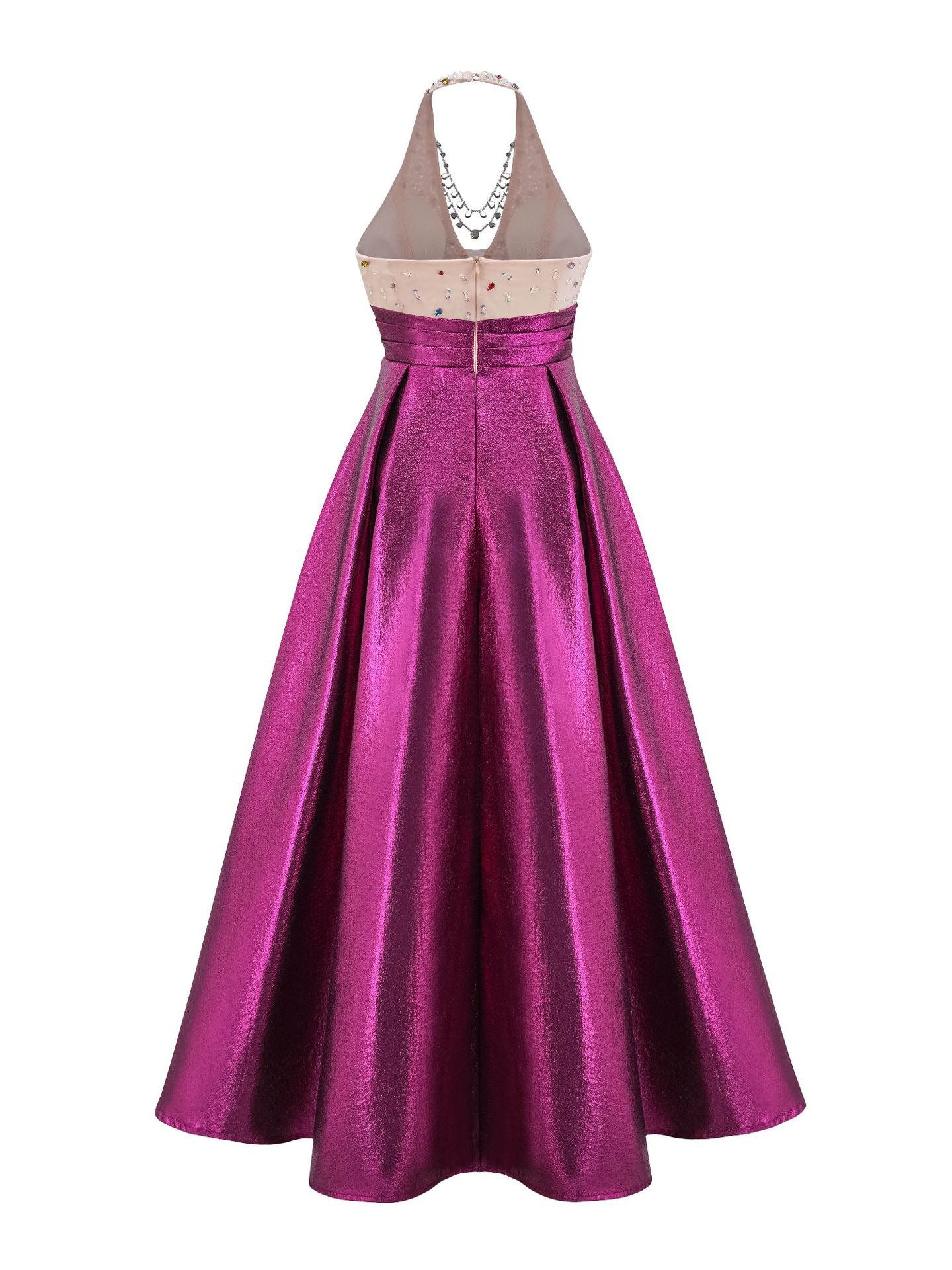 V-Neck Halter Backless Diamonds Fuchsia Beading Prom Dress