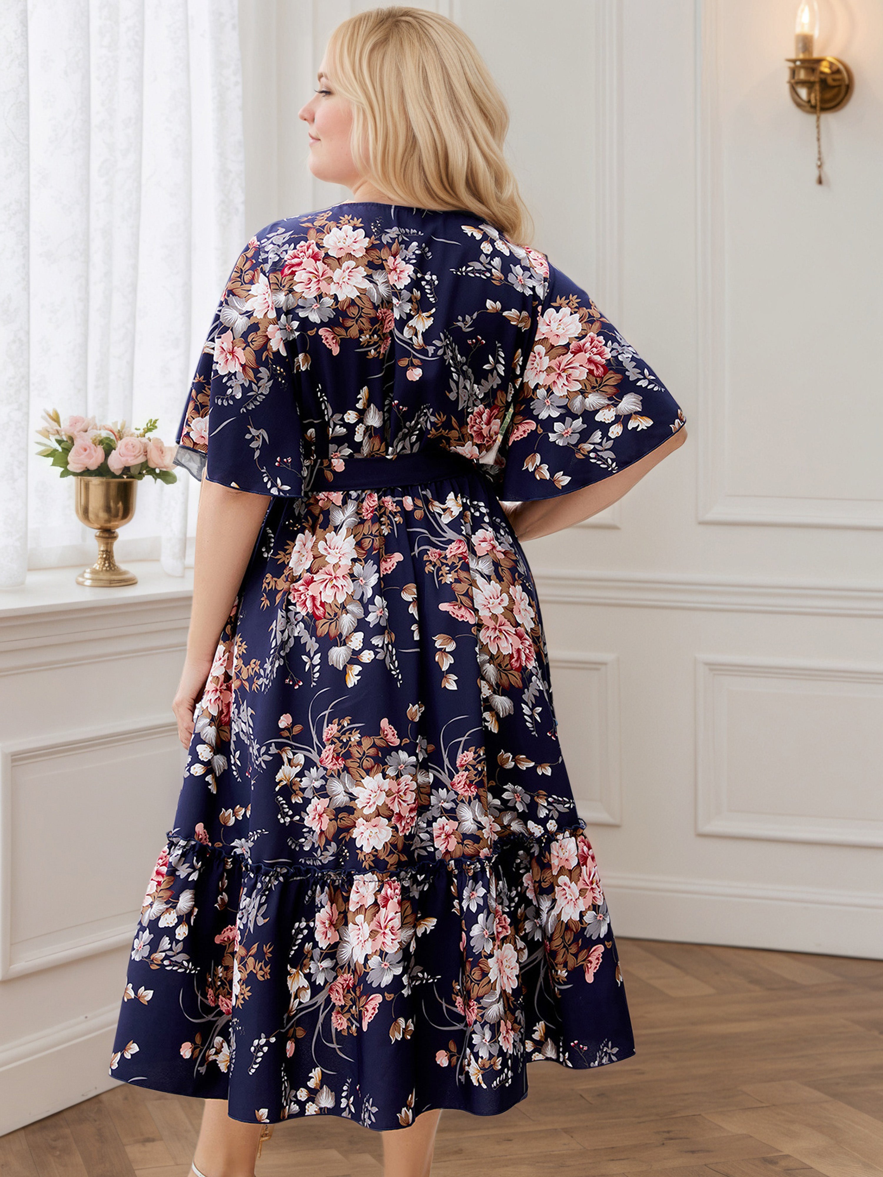 Floral Dress Regency Tea Length Plus Size Dress