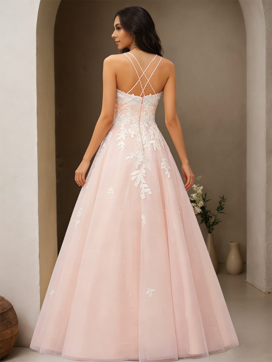 Cicinia Pearl Pink Prom Dresses Tulle Lace Appliques Spaghetti Straps A-Line Fairy Dress