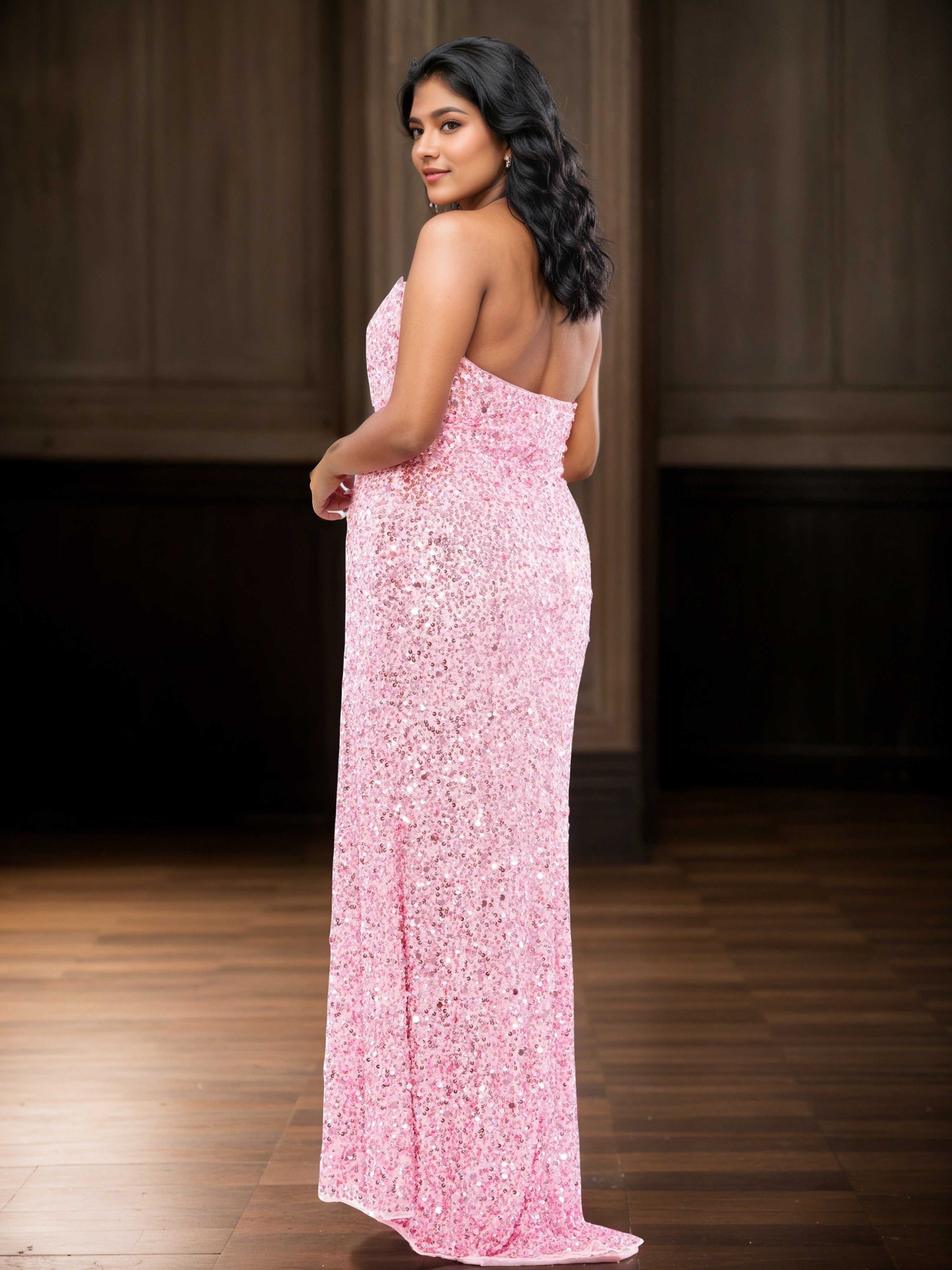 Candy Pink Sequins Prom Dress Sleeveless Long Plus Size Dress